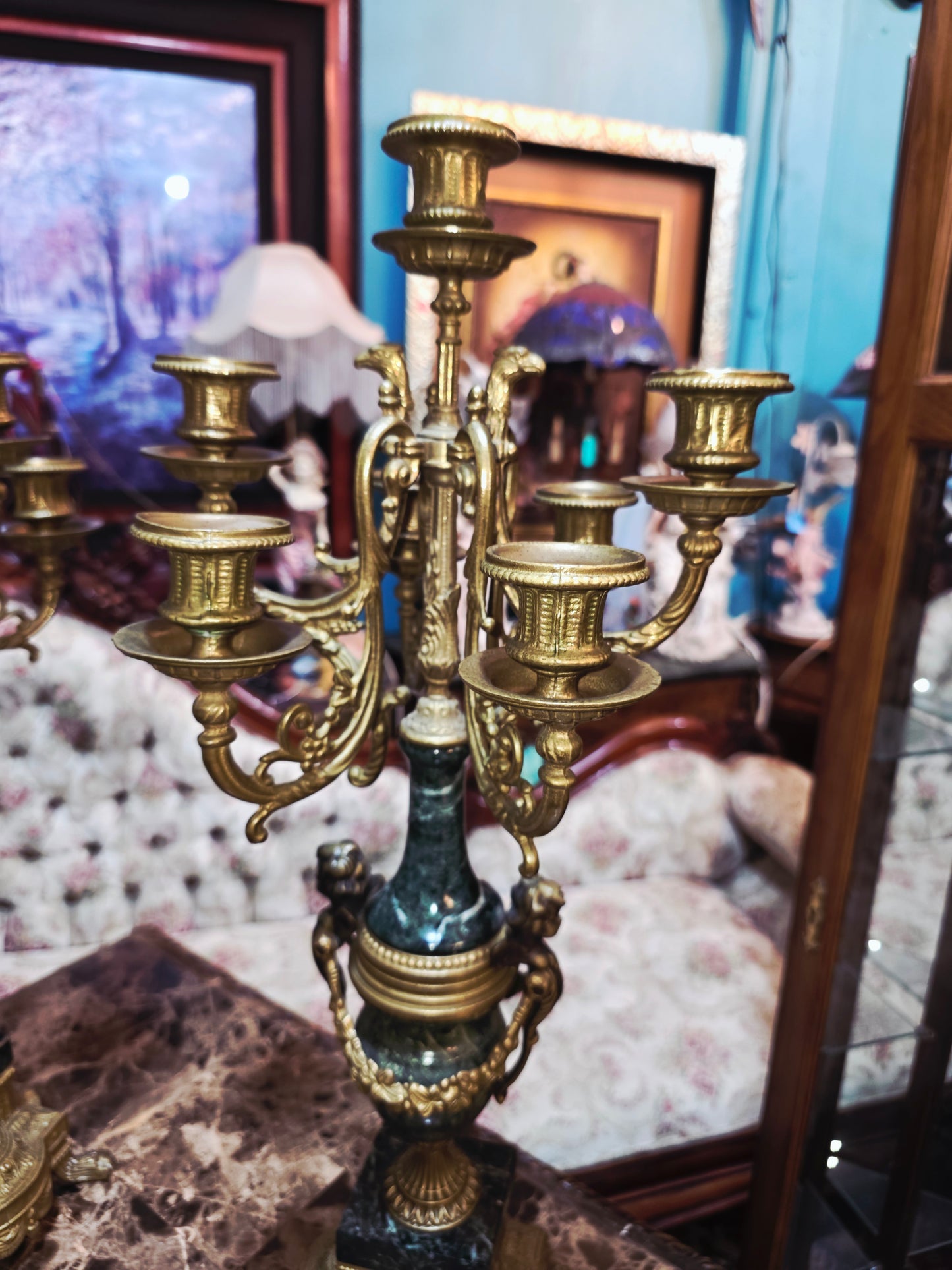 Set of Italian Bronze and Marble Candelabras & French Figural Clock 🕰️🪔🌿