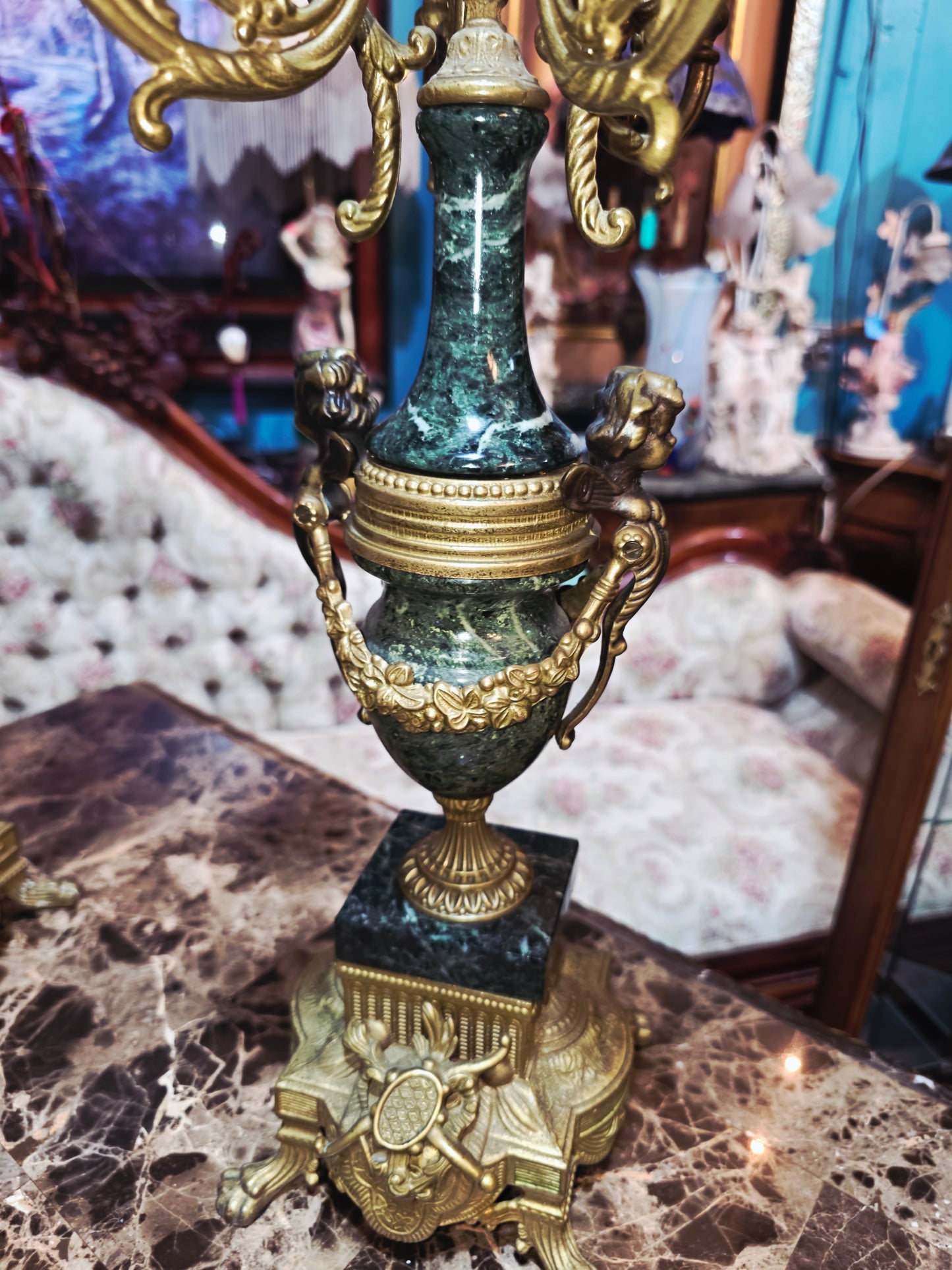 Set of Italian Bronze and Marble Candelabras & French Figural Clock 🕰️🪔🌿