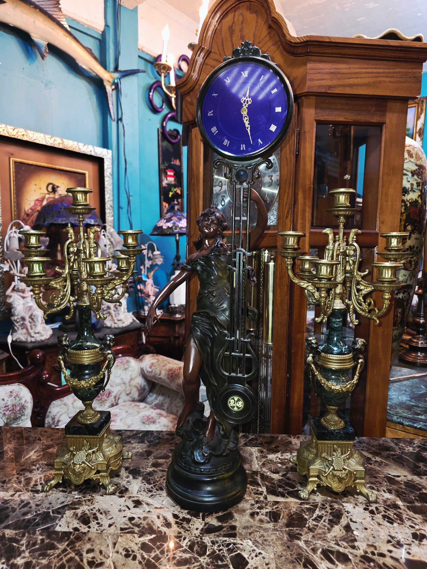 Set of Italian Bronze and Marble Candelabras & French Figural Clock 🕰️🪔🌿