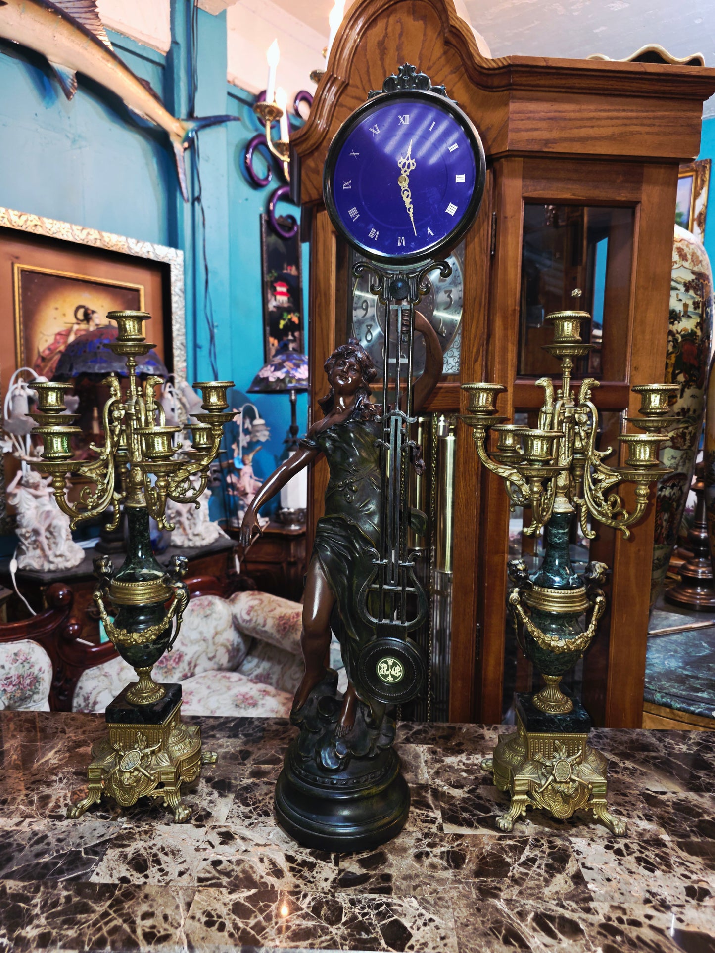 Set of Italian Bronze and Marble Candelabras & French Figural Clock 🕰️🪔🌿