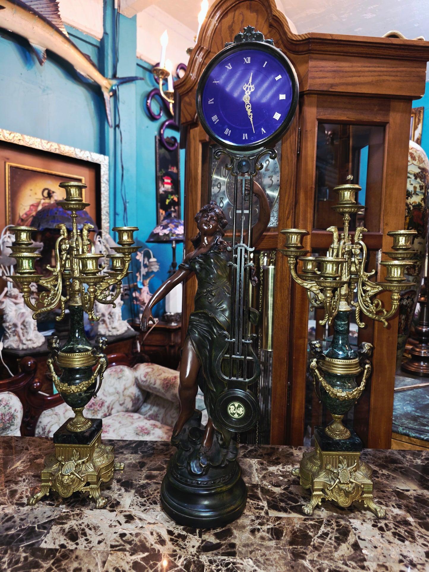 Set of Italian Bronze and Marble Candelabras & French Figural Clock 🕰️🪔🌿