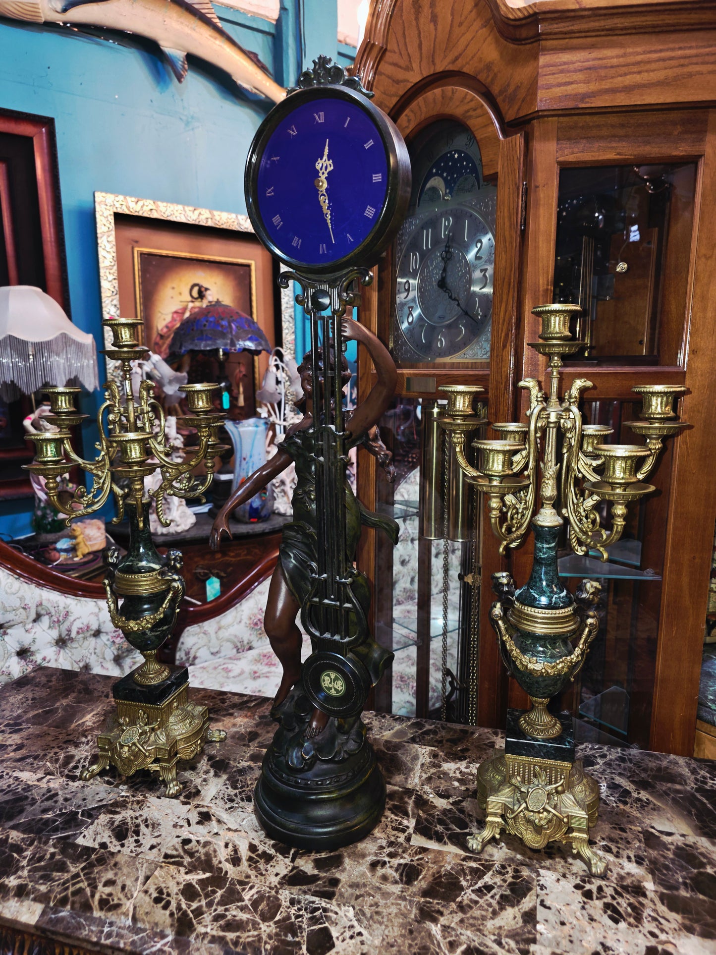 Set of Italian Bronze and Marble Candelabras & French Figural Clock 🕰️🪔🌿