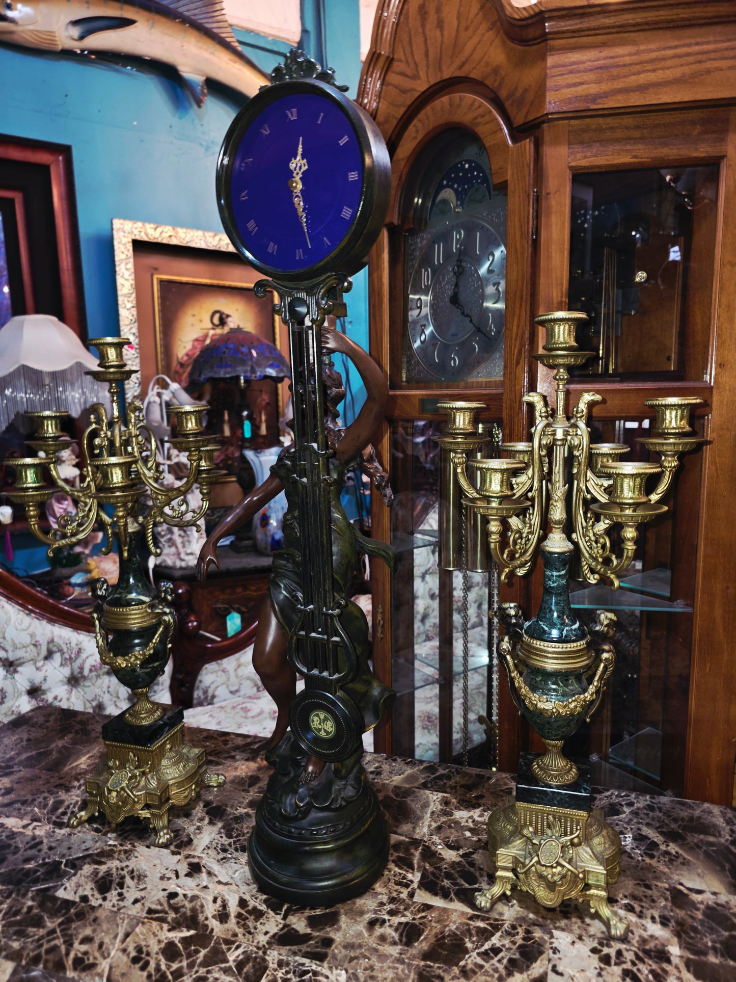 Set of Italian Bronze and Marble Candelabras & French Figural Clock 🕰️🪔🌿