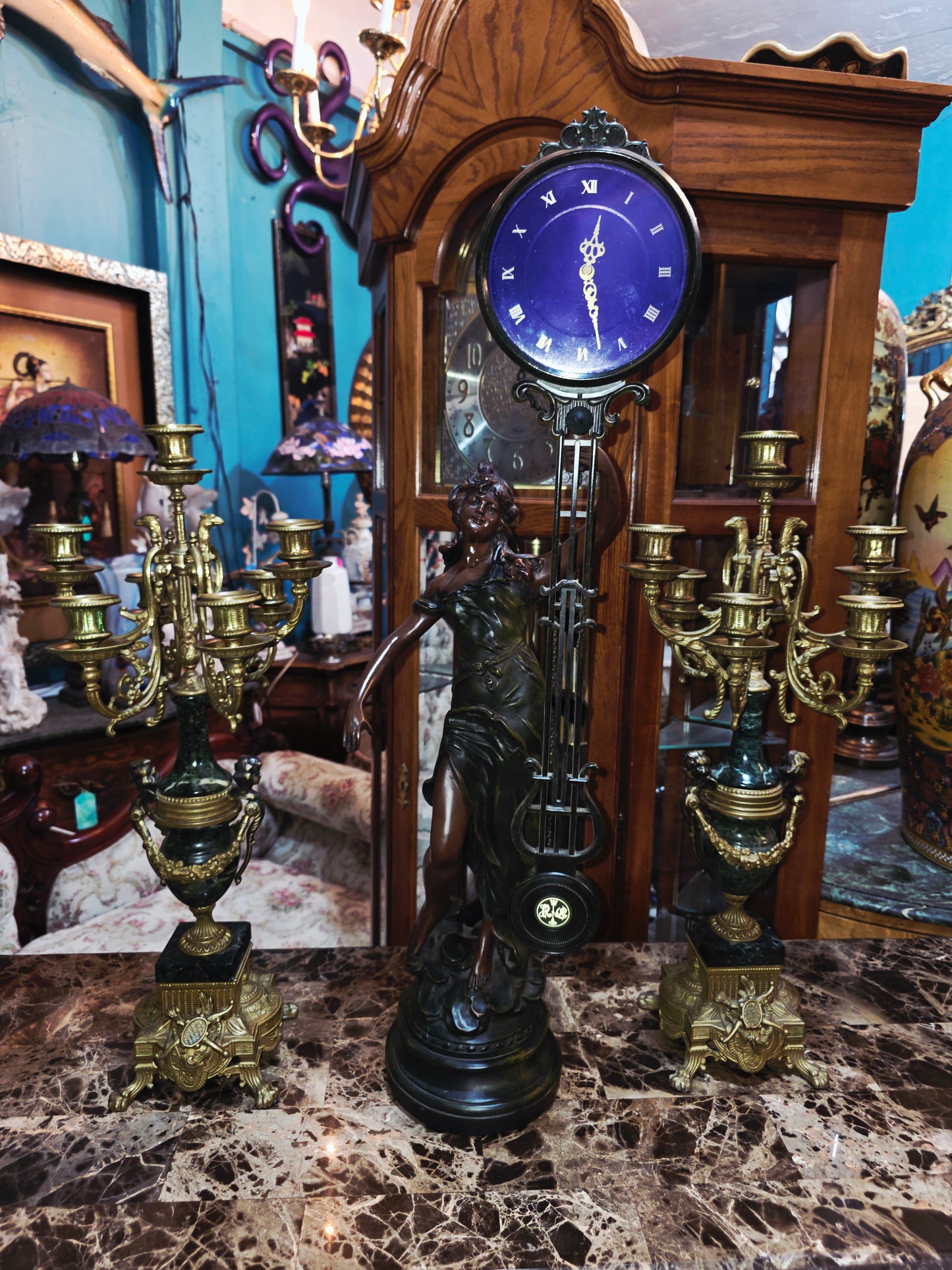 Set of Italian Bronze and Marble Candelabras & French Figural Clock 🕰️🪔🌿