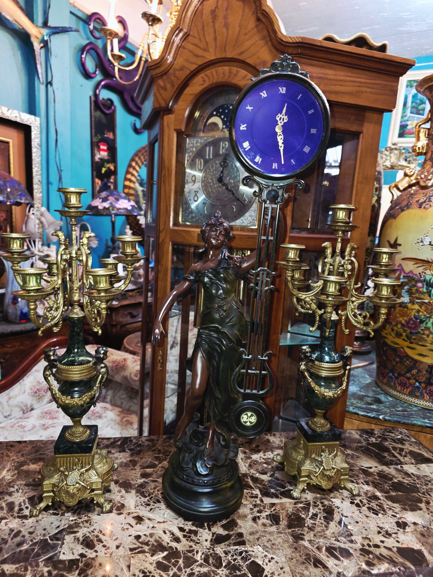 Set of Italian Bronze and Marble Candelabras & French Figural Clock 🕰️🪔🌿