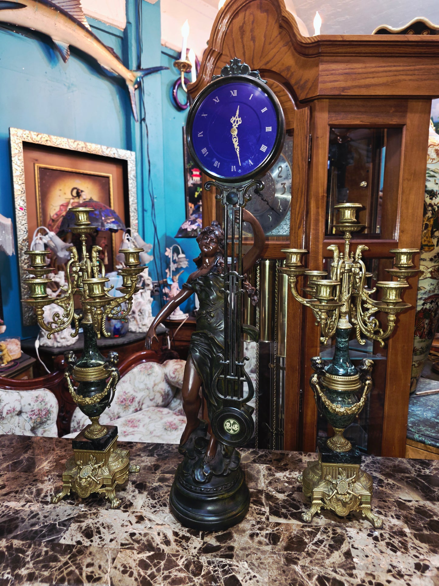 Set of Italian Bronze and Marble Candelabras & French Figural Clock 🕰️🪔🌿