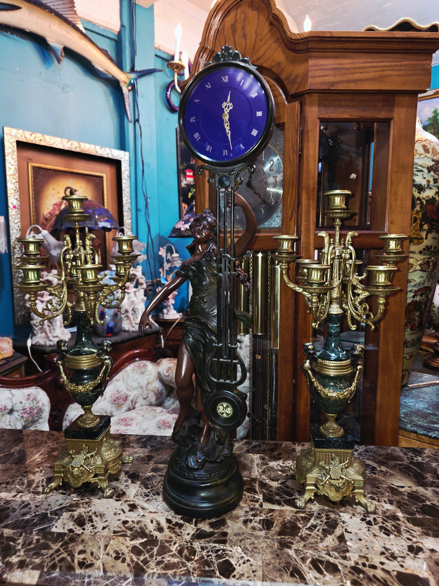 Set of Italian Bronze and Marble Candelabras & French Figural Clock 🕰️🪔🌿