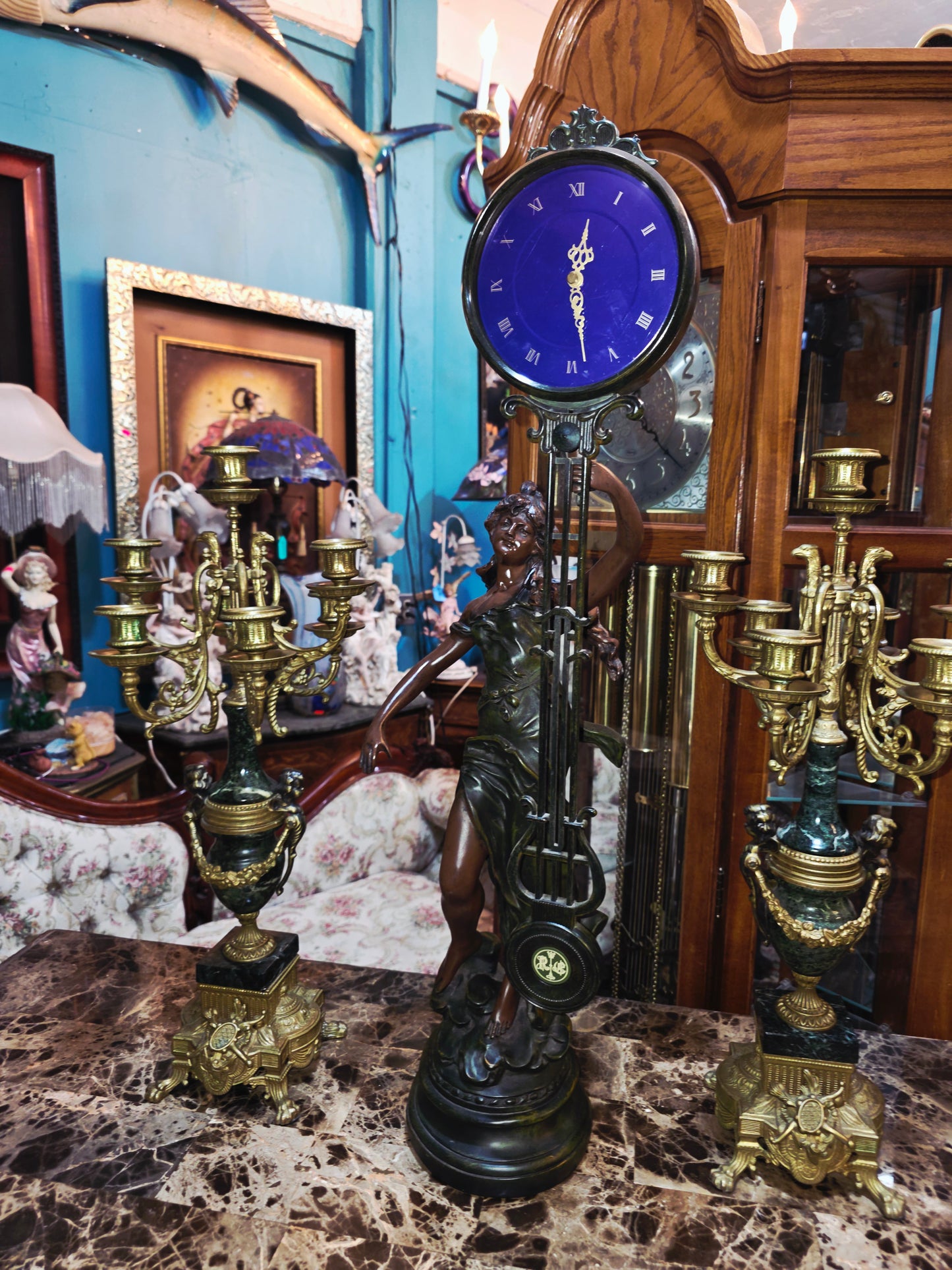 Set of Italian Bronze and Marble Candelabras & French Figural Clock 🕰️🪔🌿