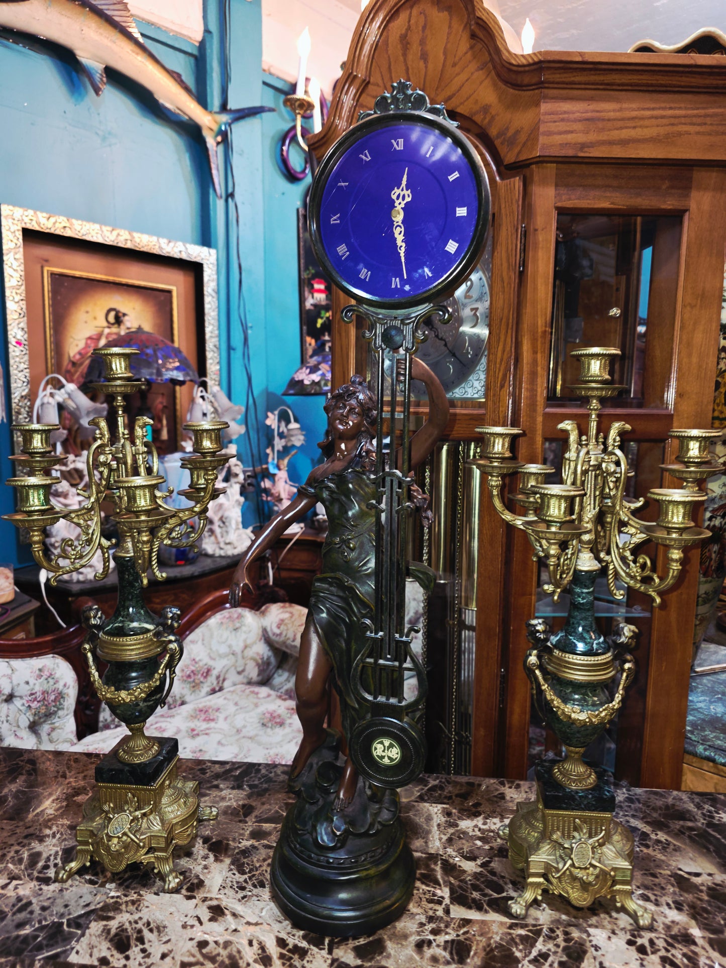 Set of Italian Bronze and Marble Candelabras & French Figural Clock 🕰️🪔🌿