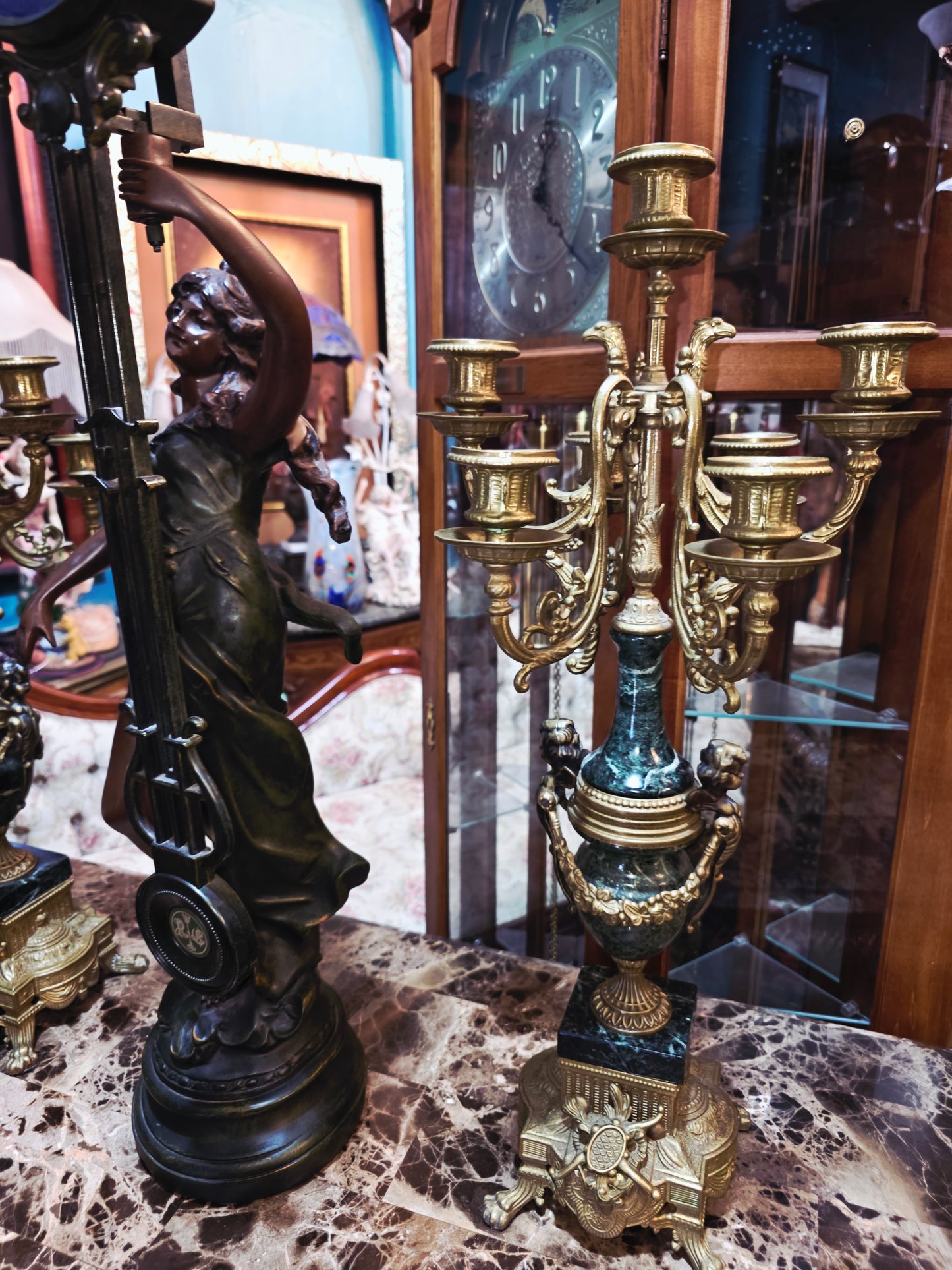 Set of Italian Bronze and Marble Candelabras & French Figural Clock 🕰️🪔🌿