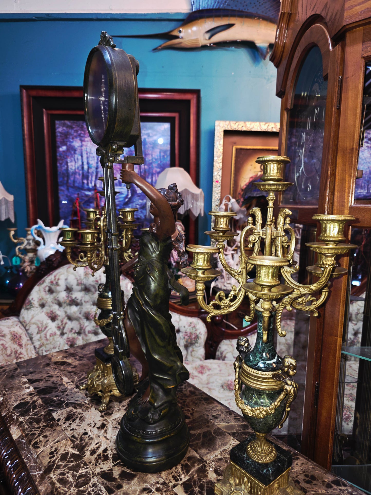Set of Italian Bronze and Marble Candelabras & French Figural Clock 🕰️🪔🌿