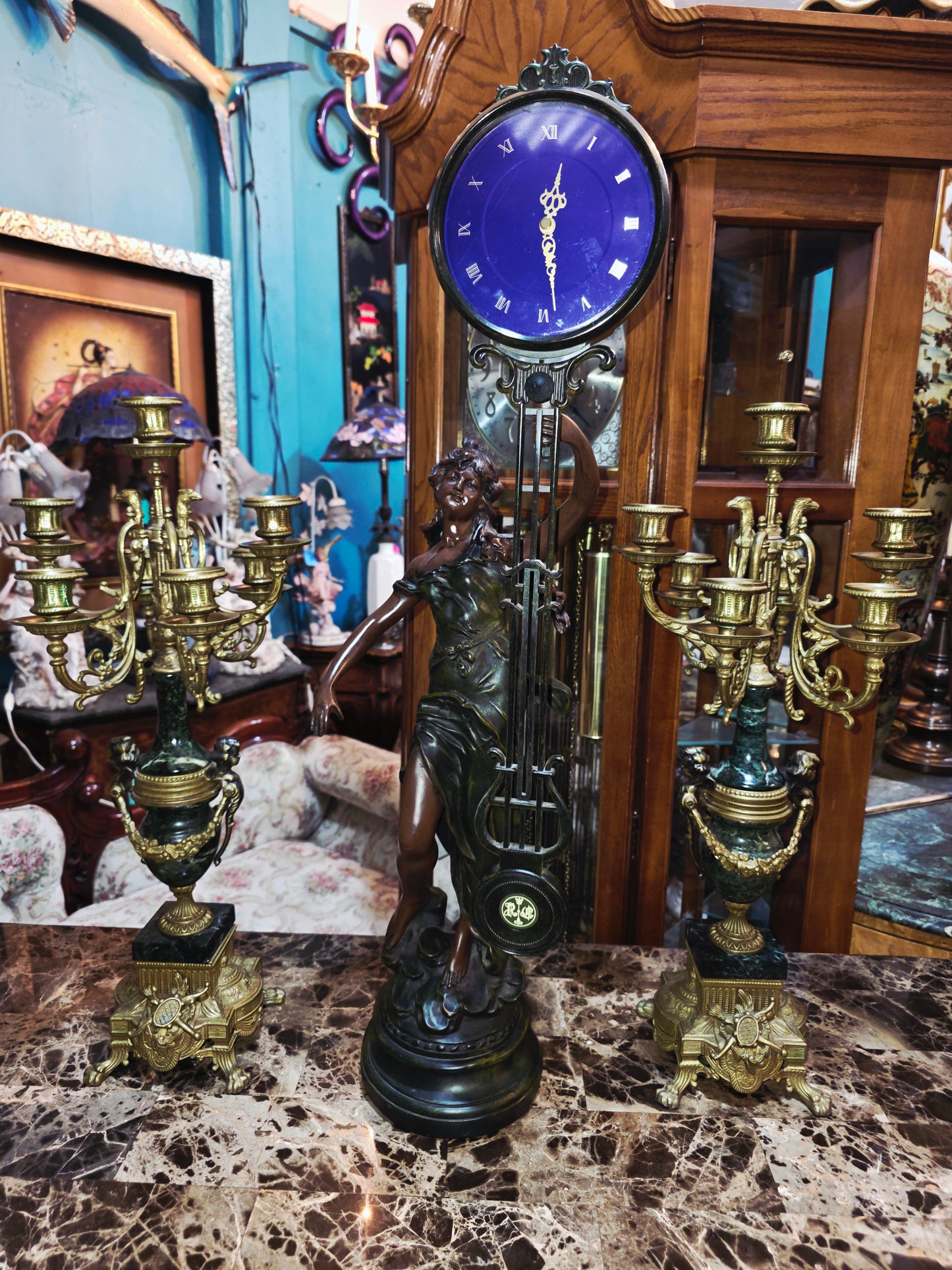 Set of Italian Bronze and Marble Candelabras & French Figural Clock 🕰️🪔🌿