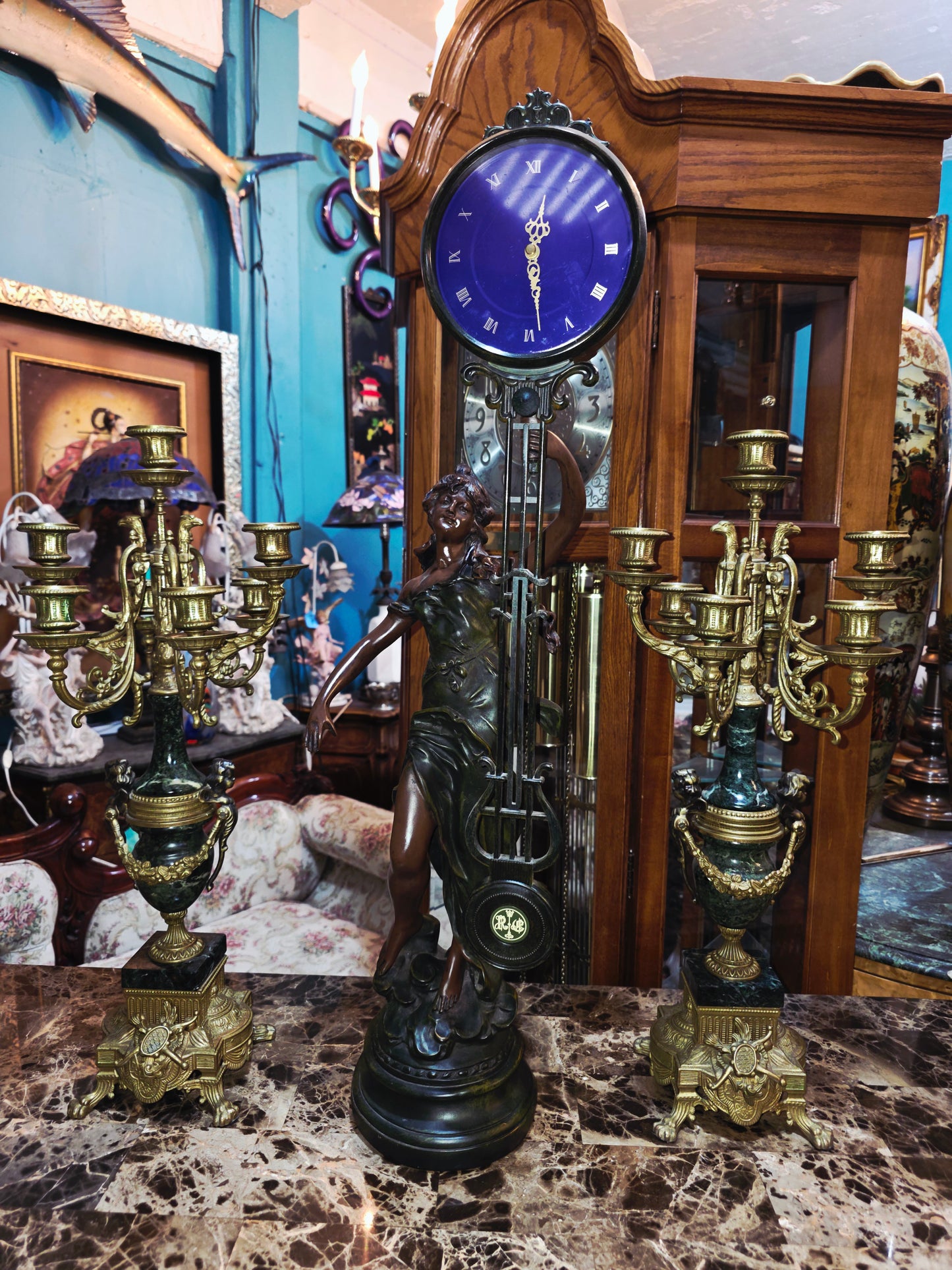 Set of Italian Bronze and Marble Candelabras & French Figural Clock 🕰️🪔🌿