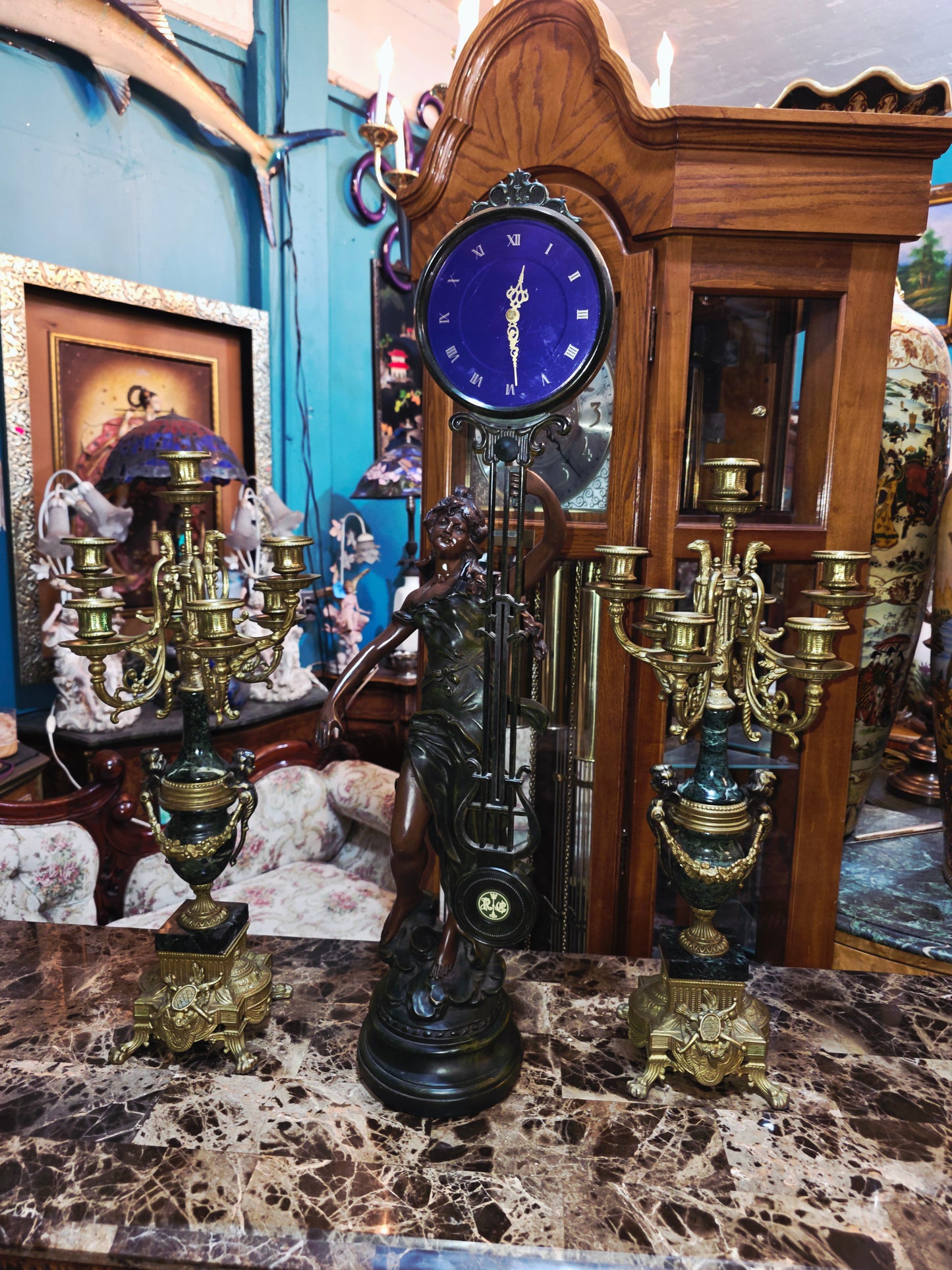 Set of Italian Bronze and Marble Candelabras & French Figural Clock 🕰️🪔🌿