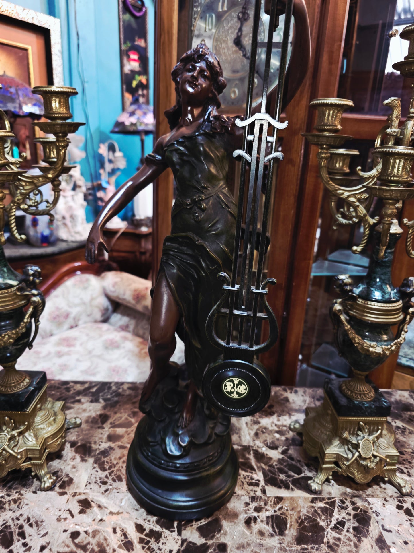 Set of Italian Bronze and Marble Candelabras & French Figural Clock 🕰️🪔🌿