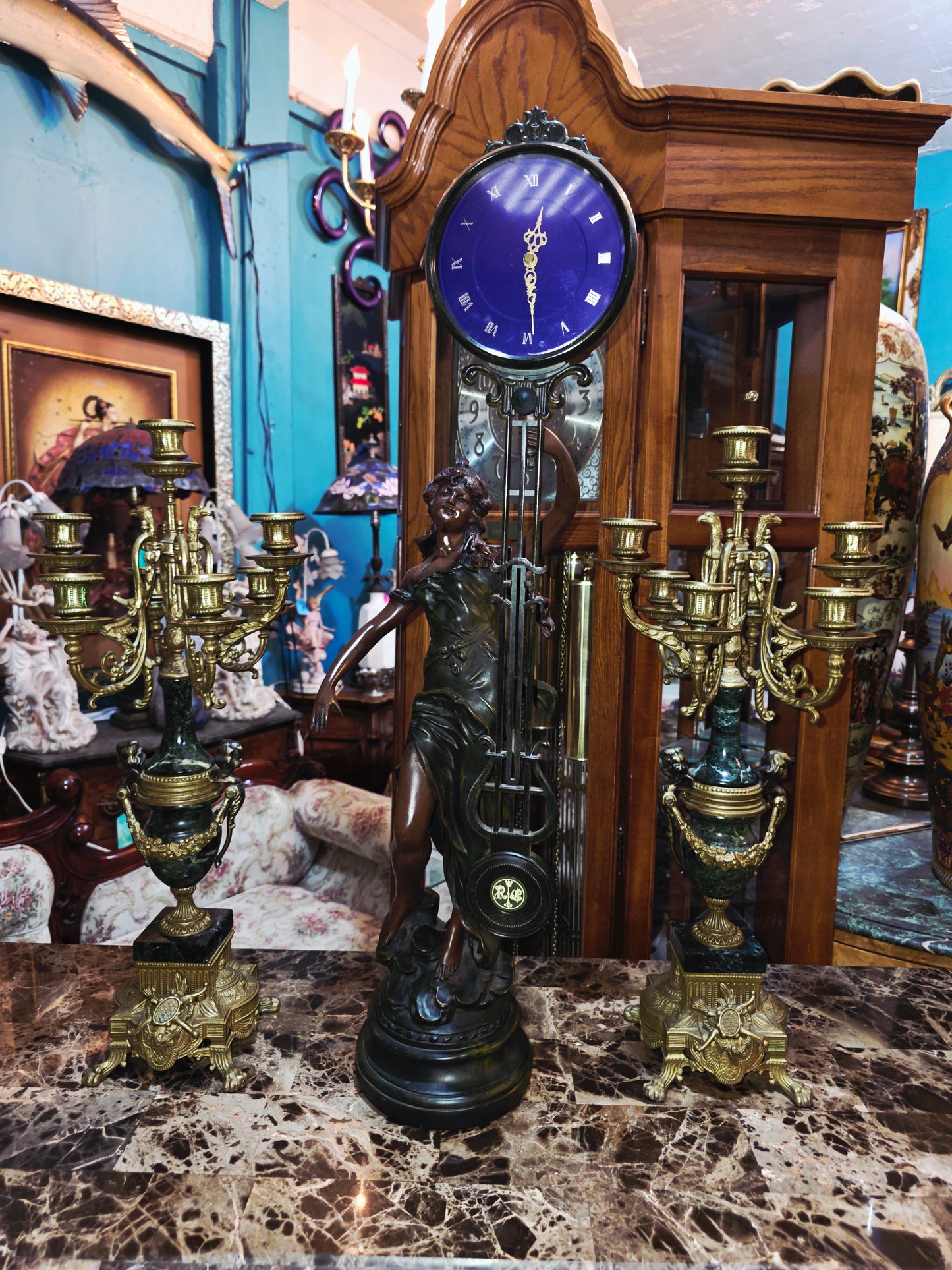 Set of Italian Bronze and Marble Candelabras & French Figural Clock 🕰️🪔🌿
