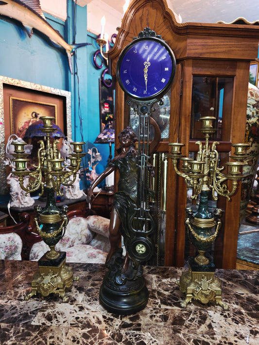Conjunto de Candelabros Italianos en Bronce y Marmol & Reloj Figural Frances 🕰️🪔🌿