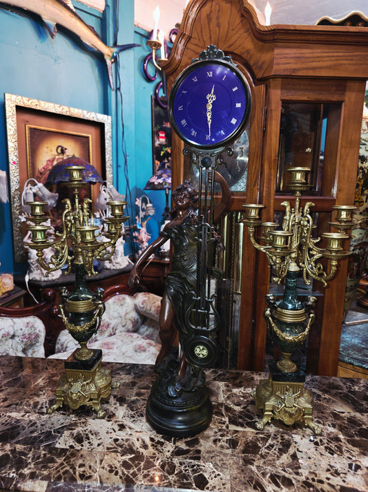 Conjunto de Candelabros Italianos en Bronce y Marmol & Reloj Figural Frances 🕰️🪔🌿