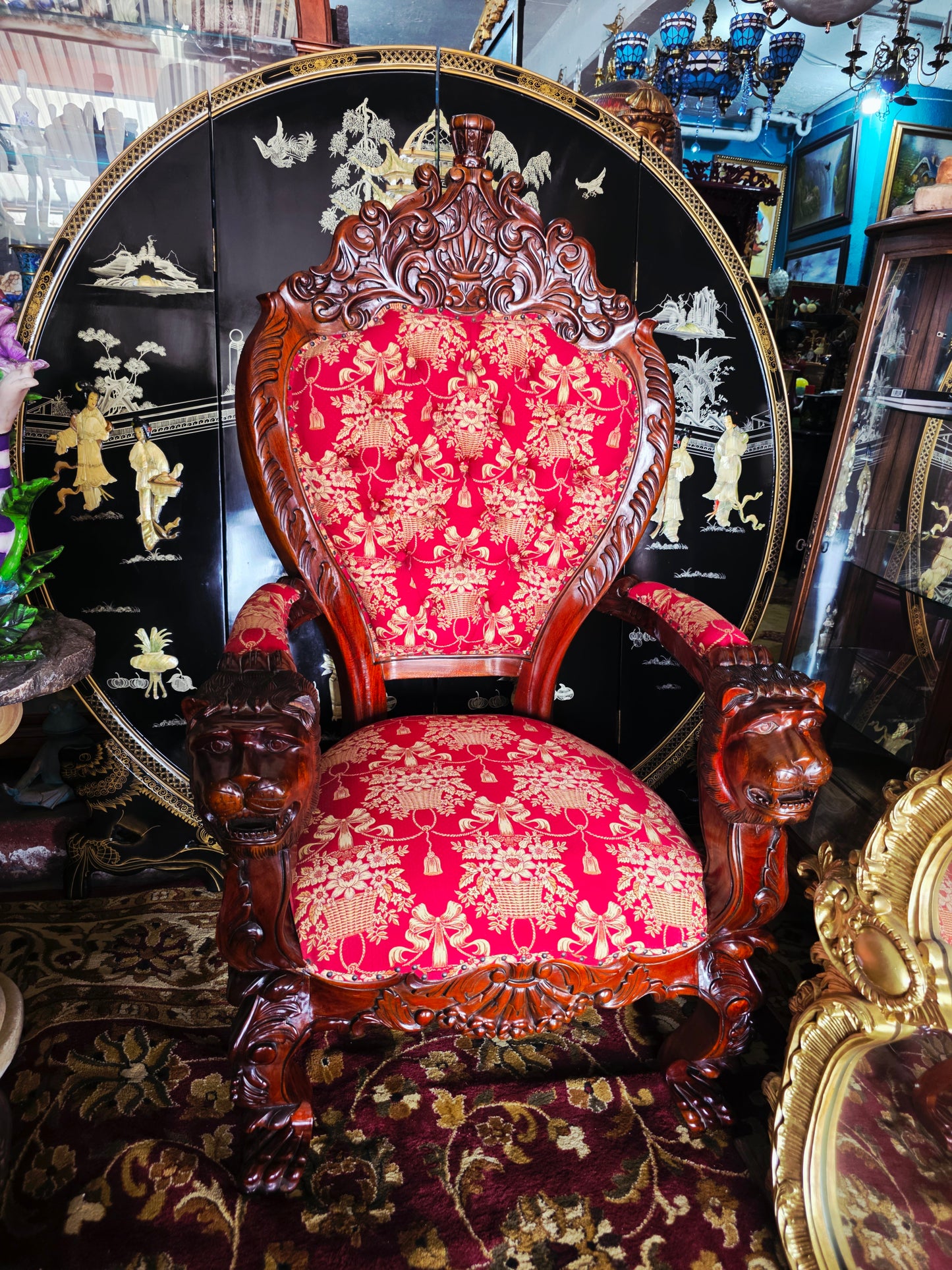 Hand-Carved Mahogany Throne Armchair - Power and Distinction 🪞🌿🪶