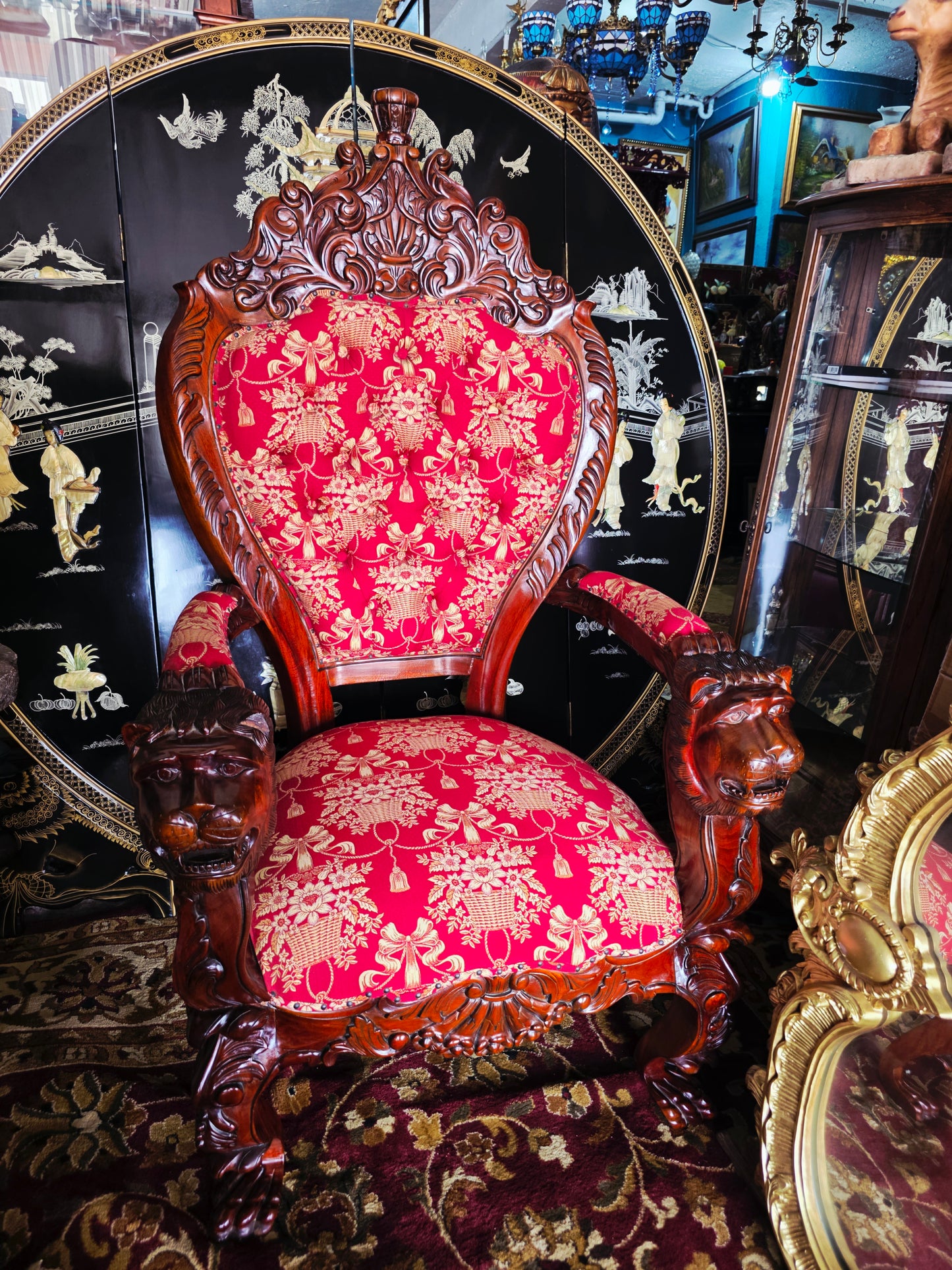 Hand-Carved Mahogany Throne Armchair - Power and Distinction 🪞🌿🪶