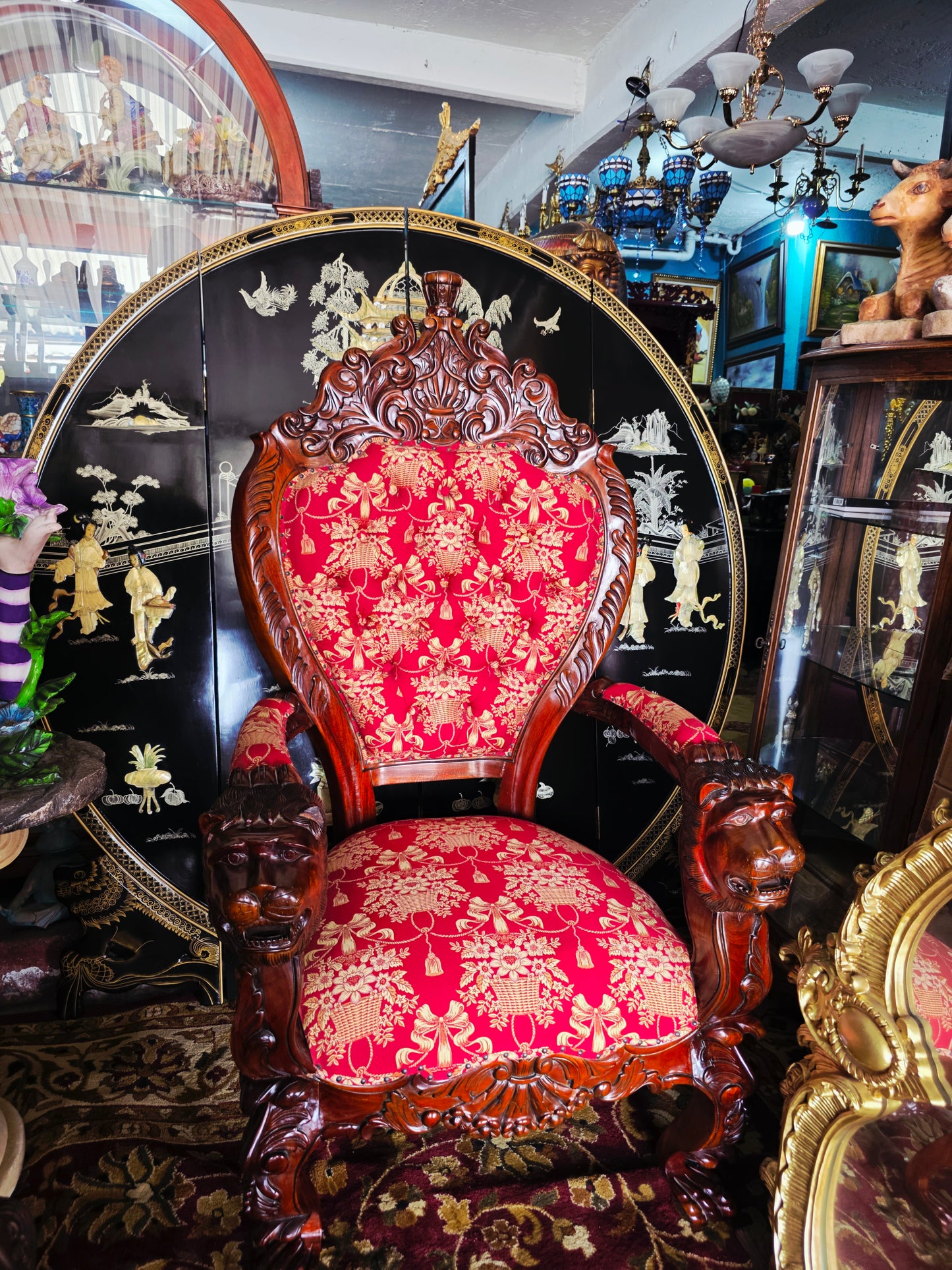 Hand-Carved Mahogany Throne Armchair - Power and Distinction 🪞🌿🪶