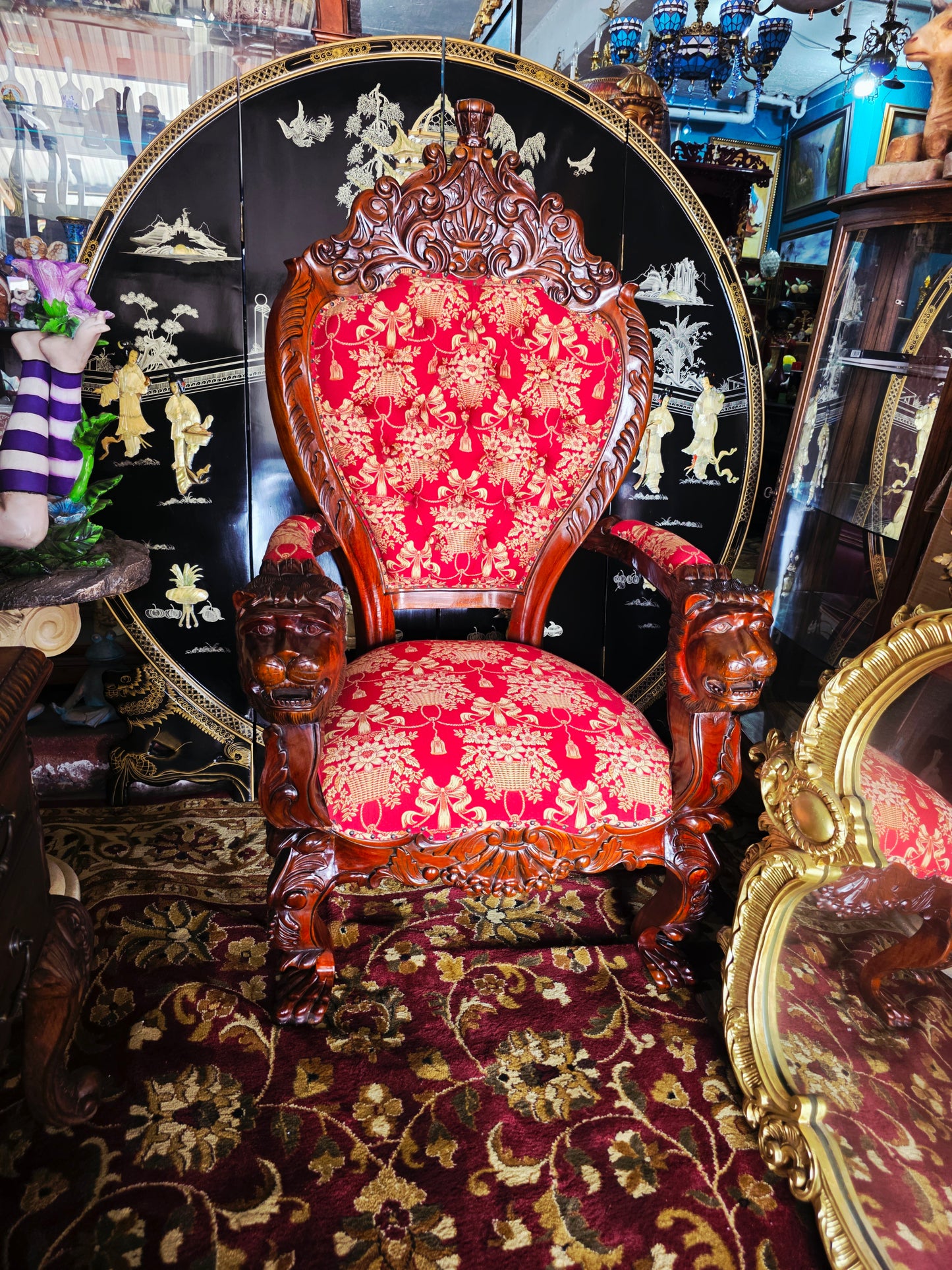 Hand-Carved Mahogany Throne Armchair - Power and Distinction 🪞🌿🪶