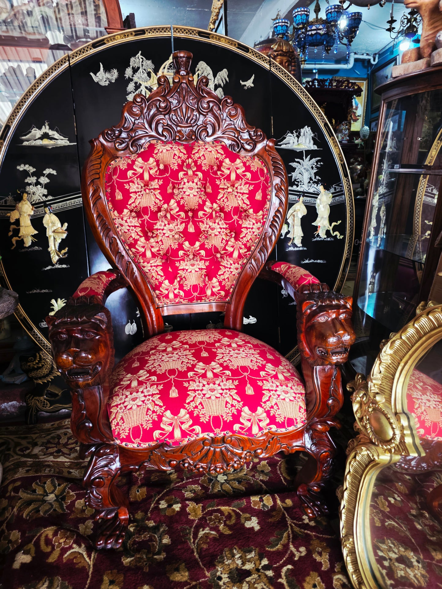 Hand-Carved Mahogany Throne Armchair - Power and Distinction 🪞🌿🪶