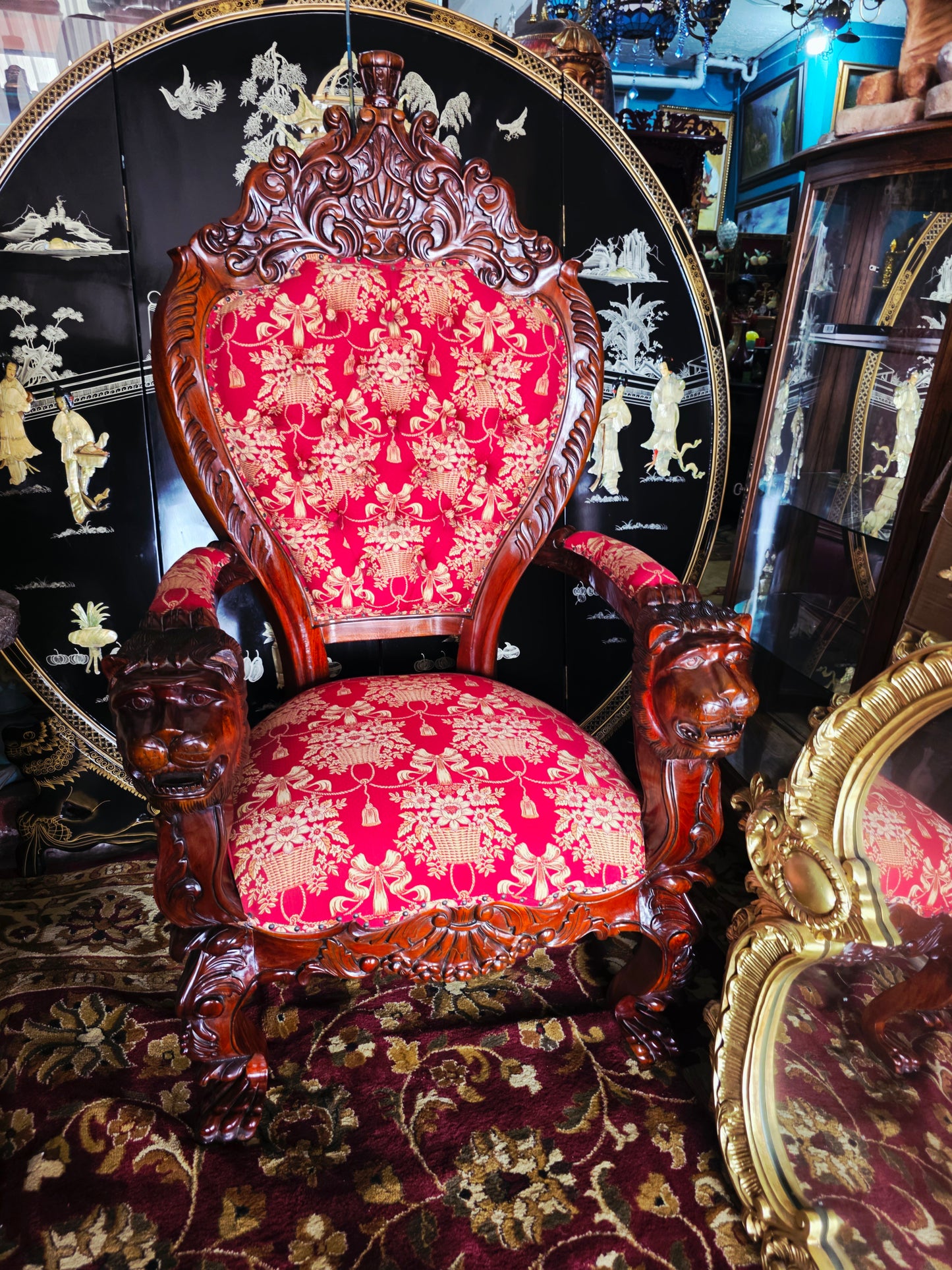 Hand-Carved Mahogany Throne Armchair - Power and Distinction 🪞🌿🪶