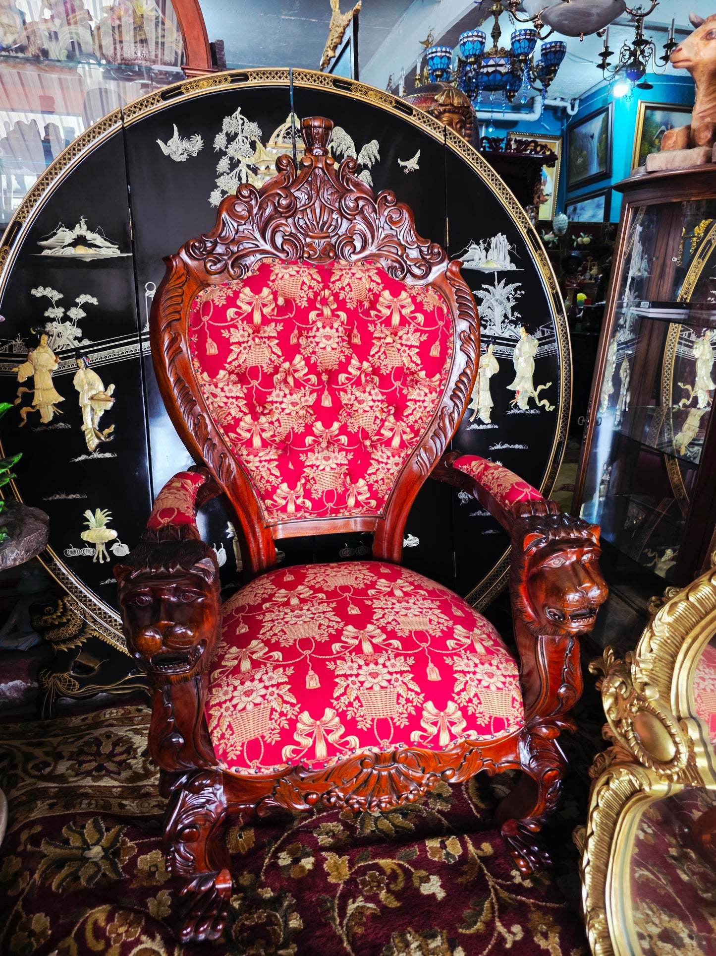 Hand-Carved Mahogany Throne Armchair - Power and Distinction 🪞🌿🪶