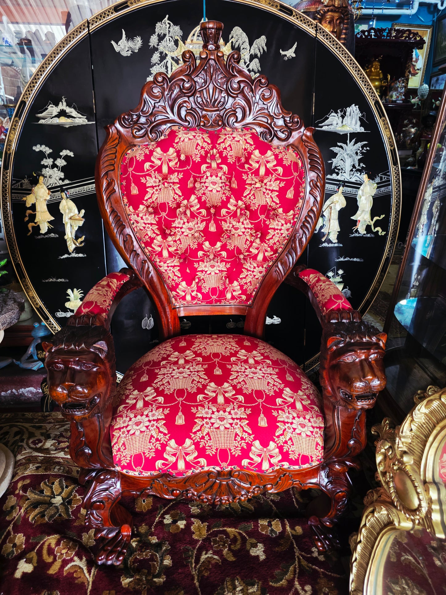Hand-Carved Mahogany Throne Armchair - Power and Distinction 🪞🌿🪶