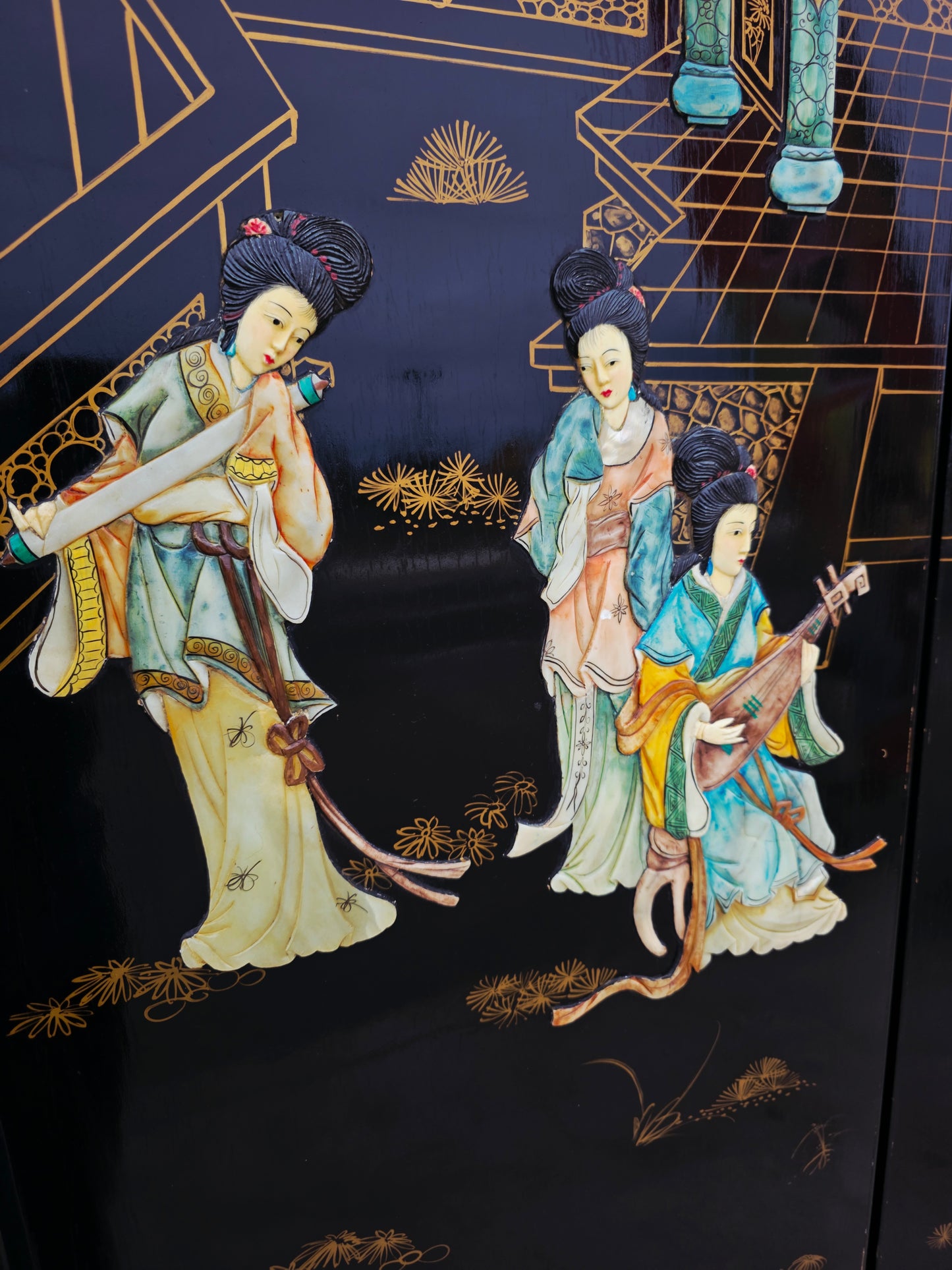 Biombo Ceremonial de 4 Paneles Esplendor Oriental en Laca y Oro🌿🌸🌿