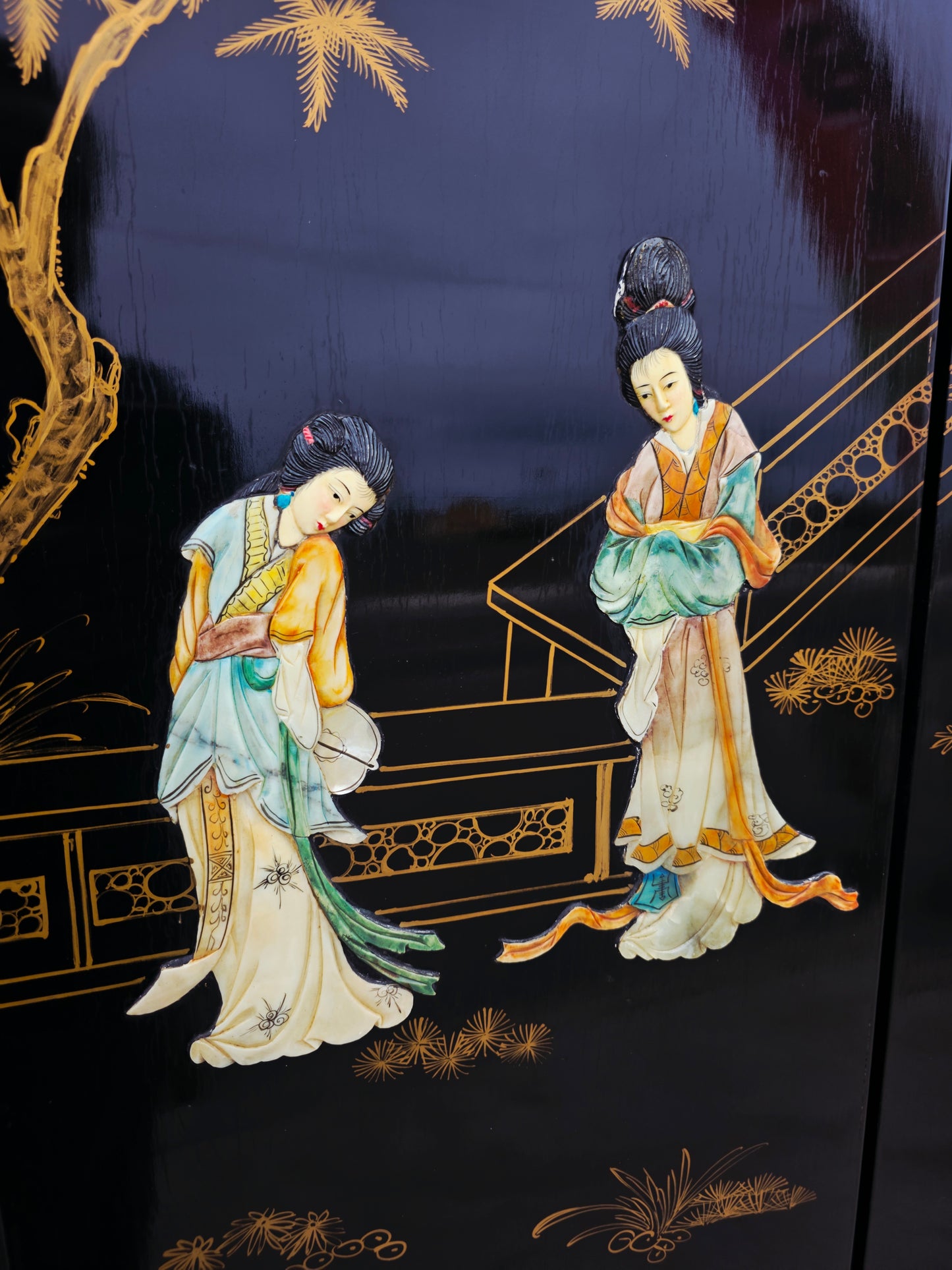 Biombo Ceremonial de 4 Paneles Esplendor Oriental en Laca y Oro🌿🌸🌿