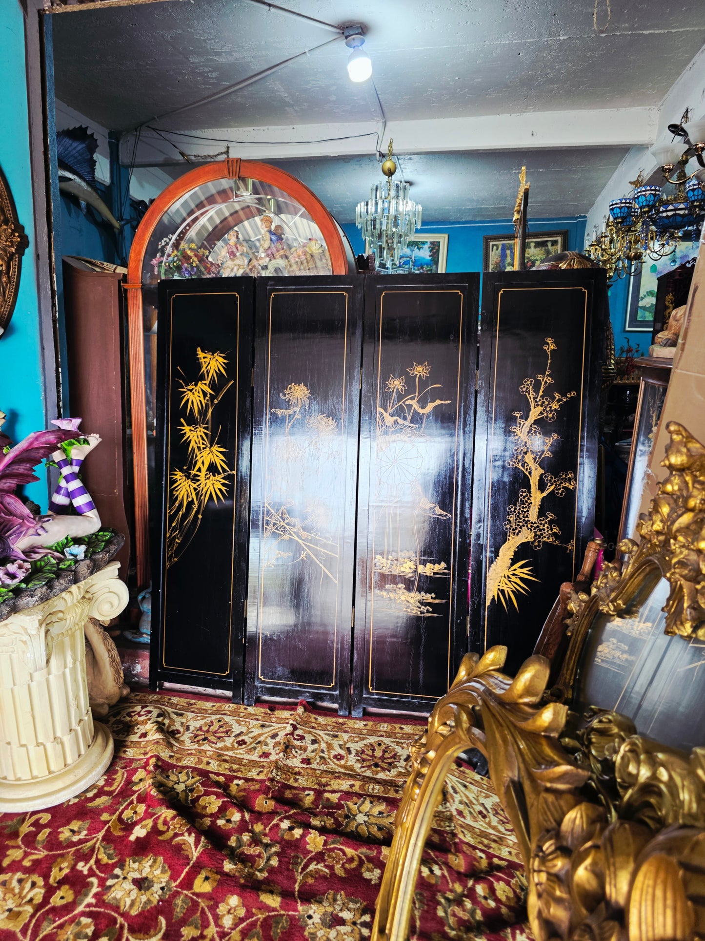 Biombo Ceremonial de 4 Paneles Esplendor Oriental en Laca y Oro🌿🌸🌿