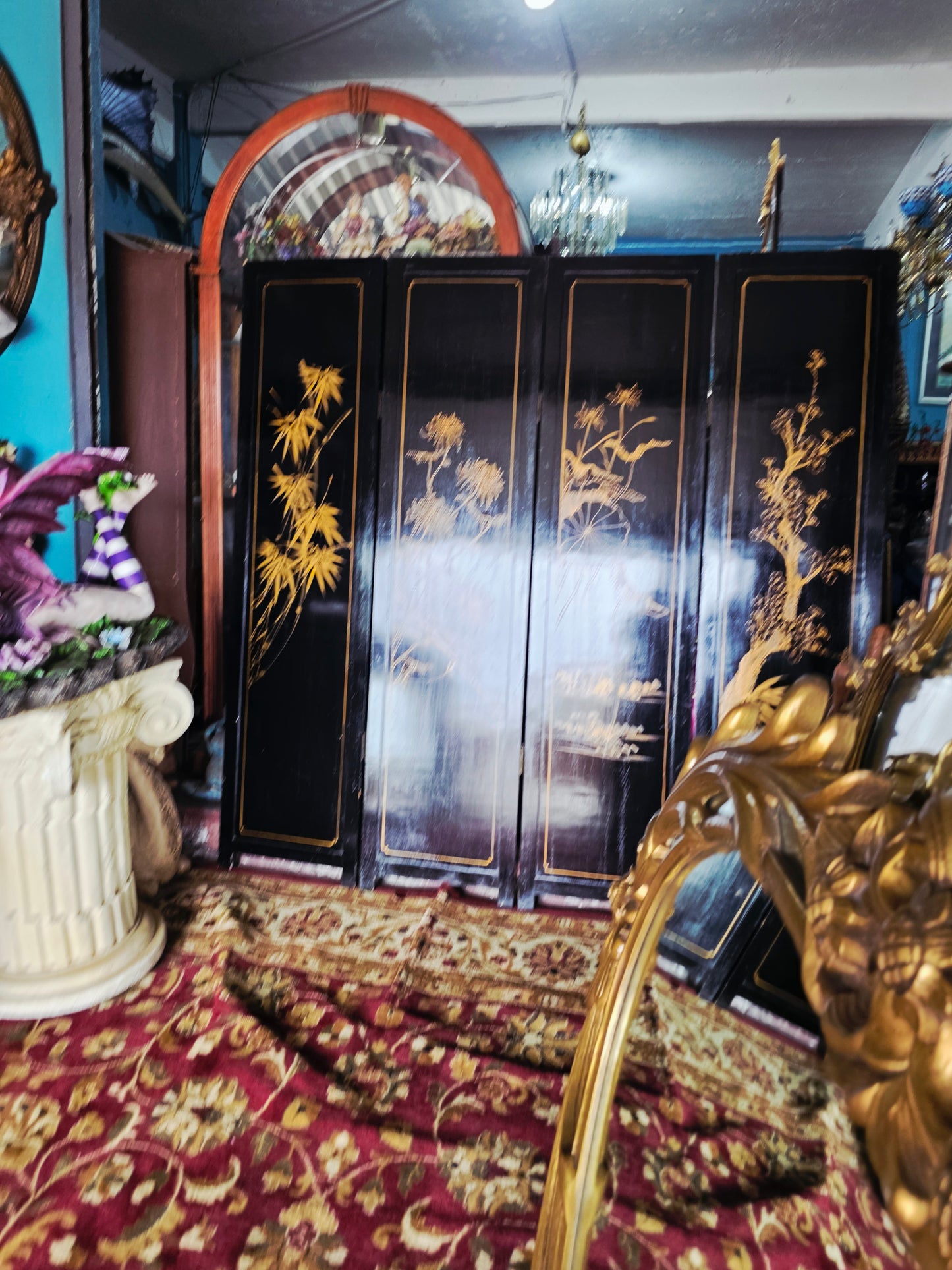 Biombo Ceremonial de 4 Paneles Esplendor Oriental en Laca y Oro🌿🌸🌿