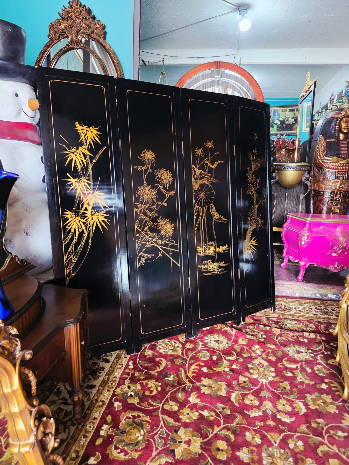 Biombo Ceremonial de 4 Paneles Esplendor Oriental en Laca y Oro🌿🌸🌿