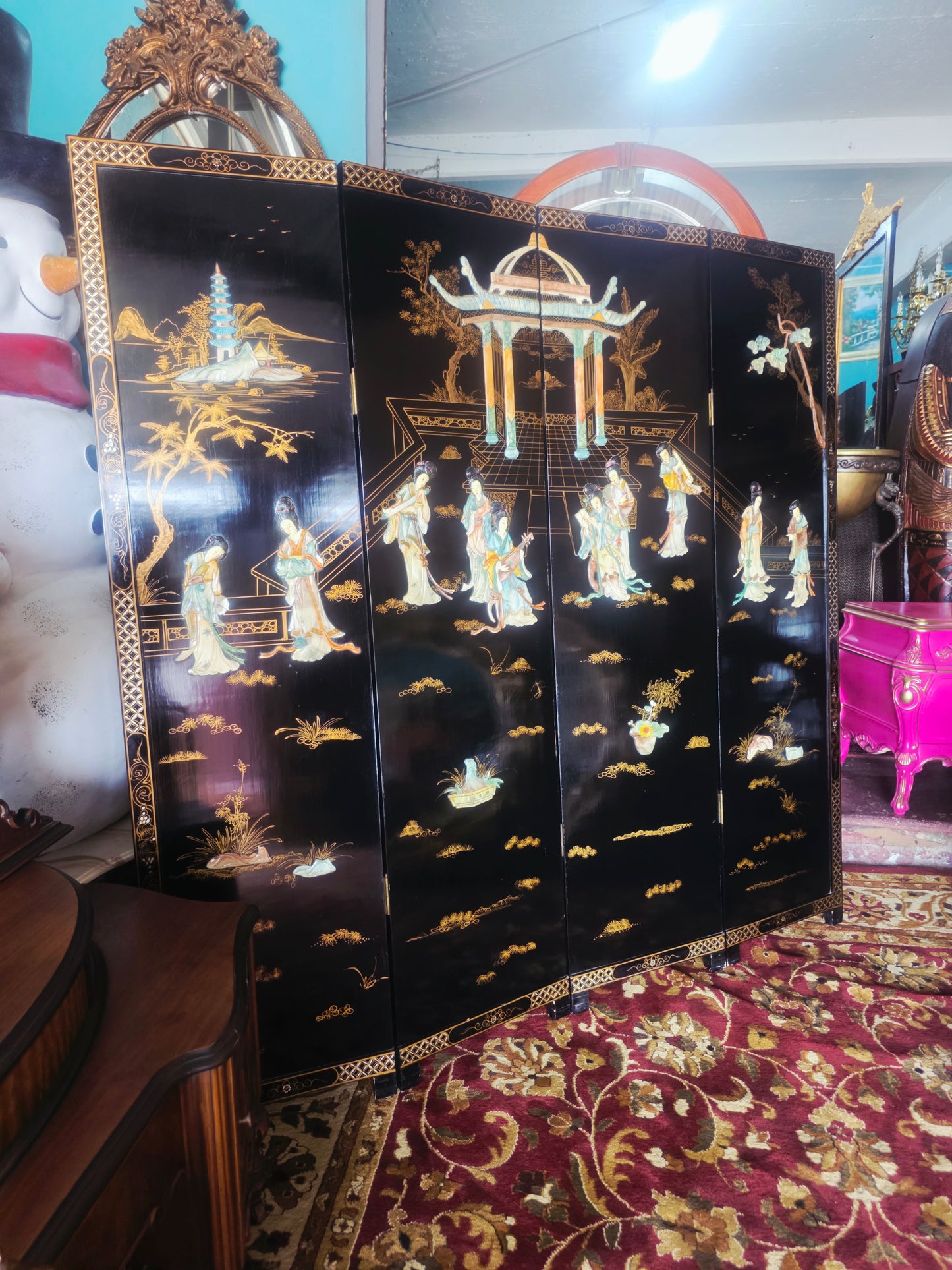 Biombo Ceremonial de 4 Paneles Esplendor Oriental en Laca y Oro🌿🌸🌿