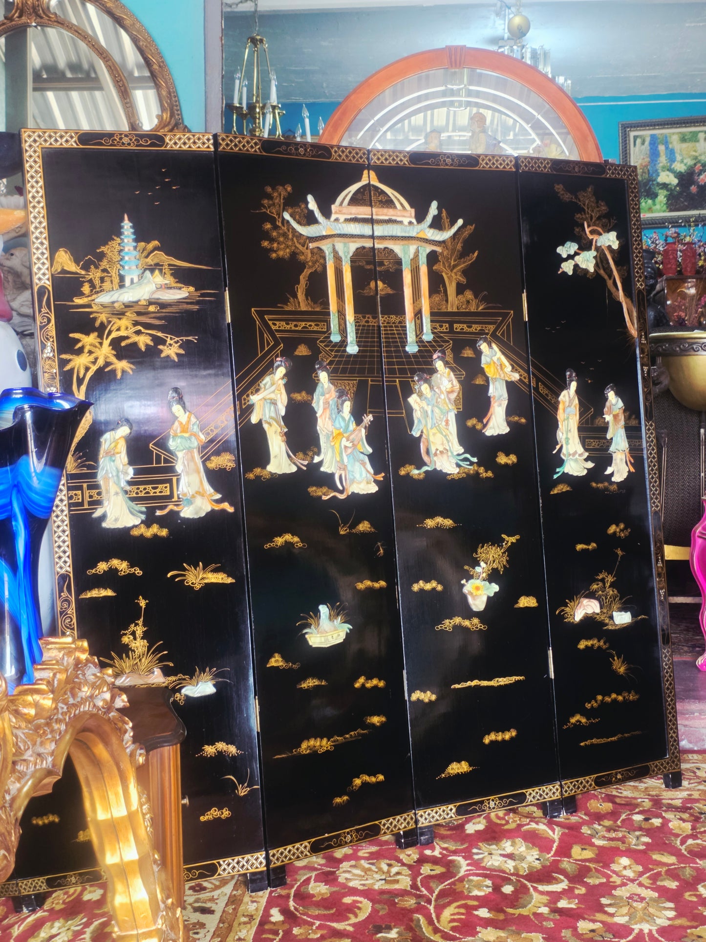 Biombo Ceremonial de 4 Paneles Esplendor Oriental en Laca y Oro🌿🌸🌿