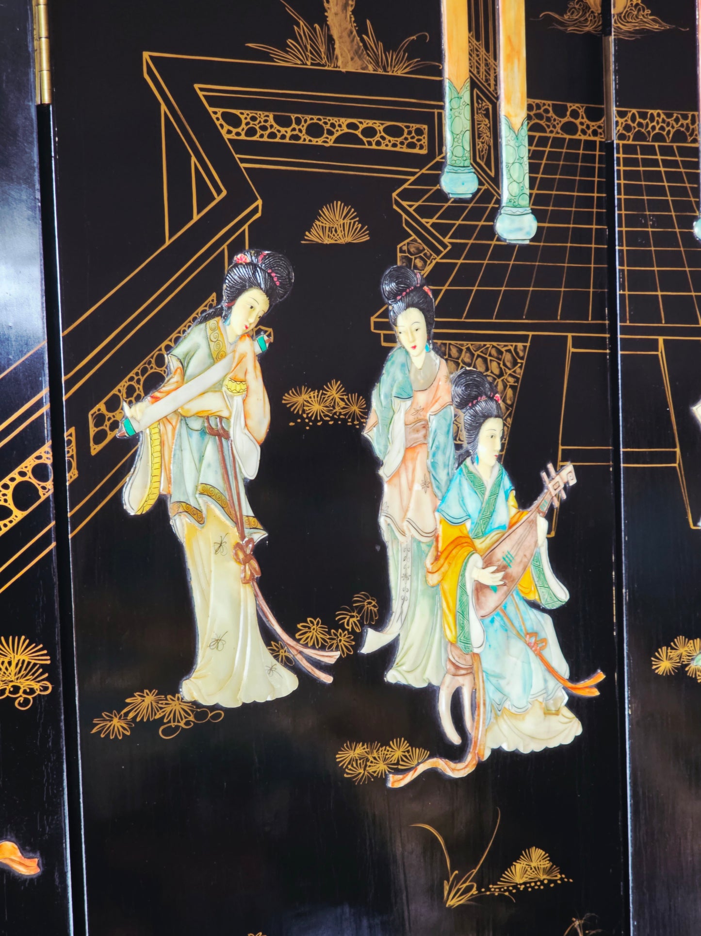 Biombo Ceremonial de 4 Paneles Esplendor Oriental en Laca y Oro🌿🌸🌿