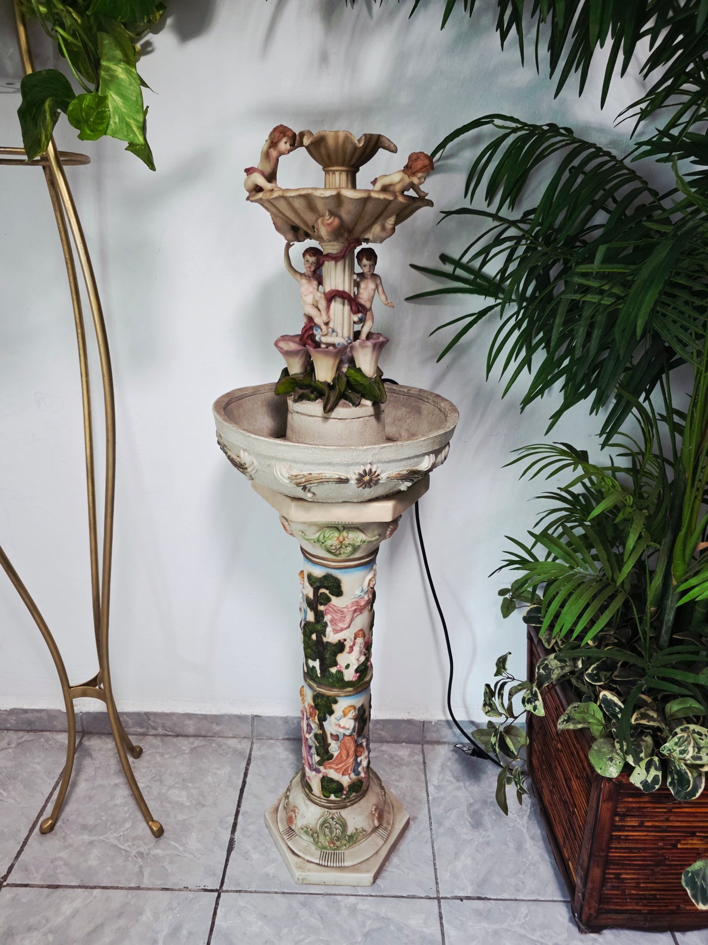 Cherub Fountain with Lilies in Polychrome Resin🕊️