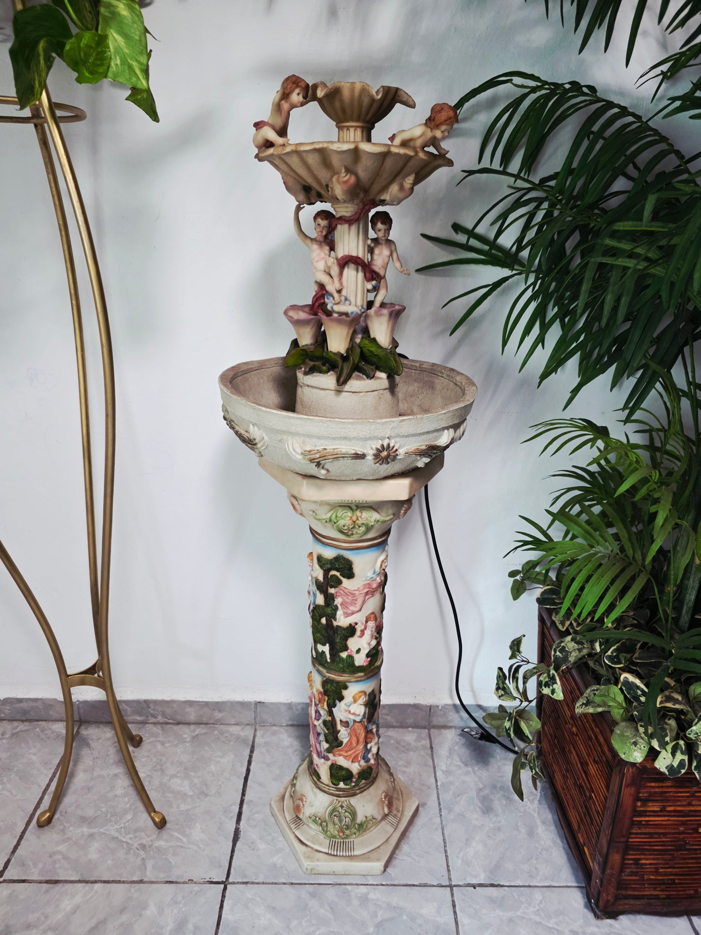 Cherub Fountain with Lilies in Polychrome Resin🕊️