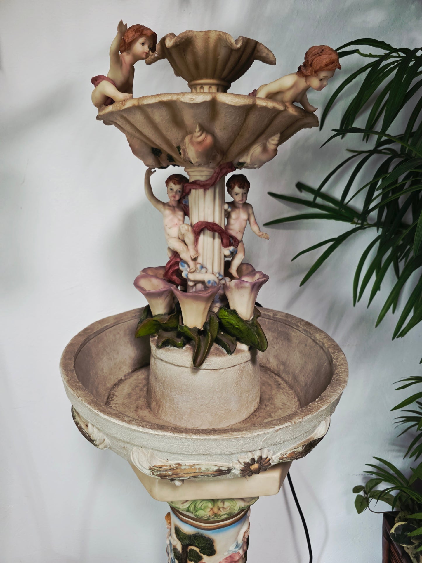 Cherub Fountain with Lilies in Polychrome Resin🕊️