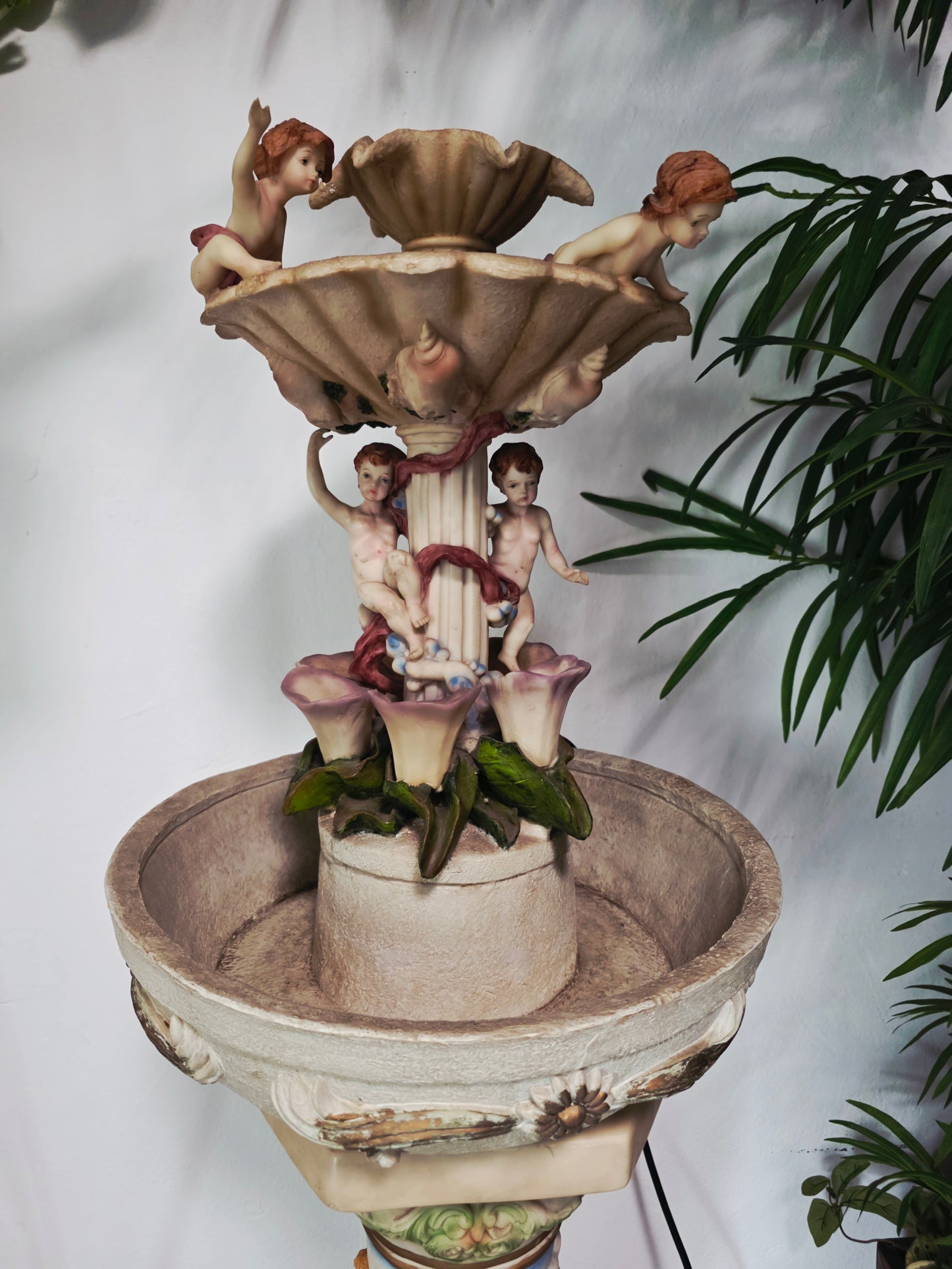 Cherub Fountain with Lilies in Polychrome Resin🕊️