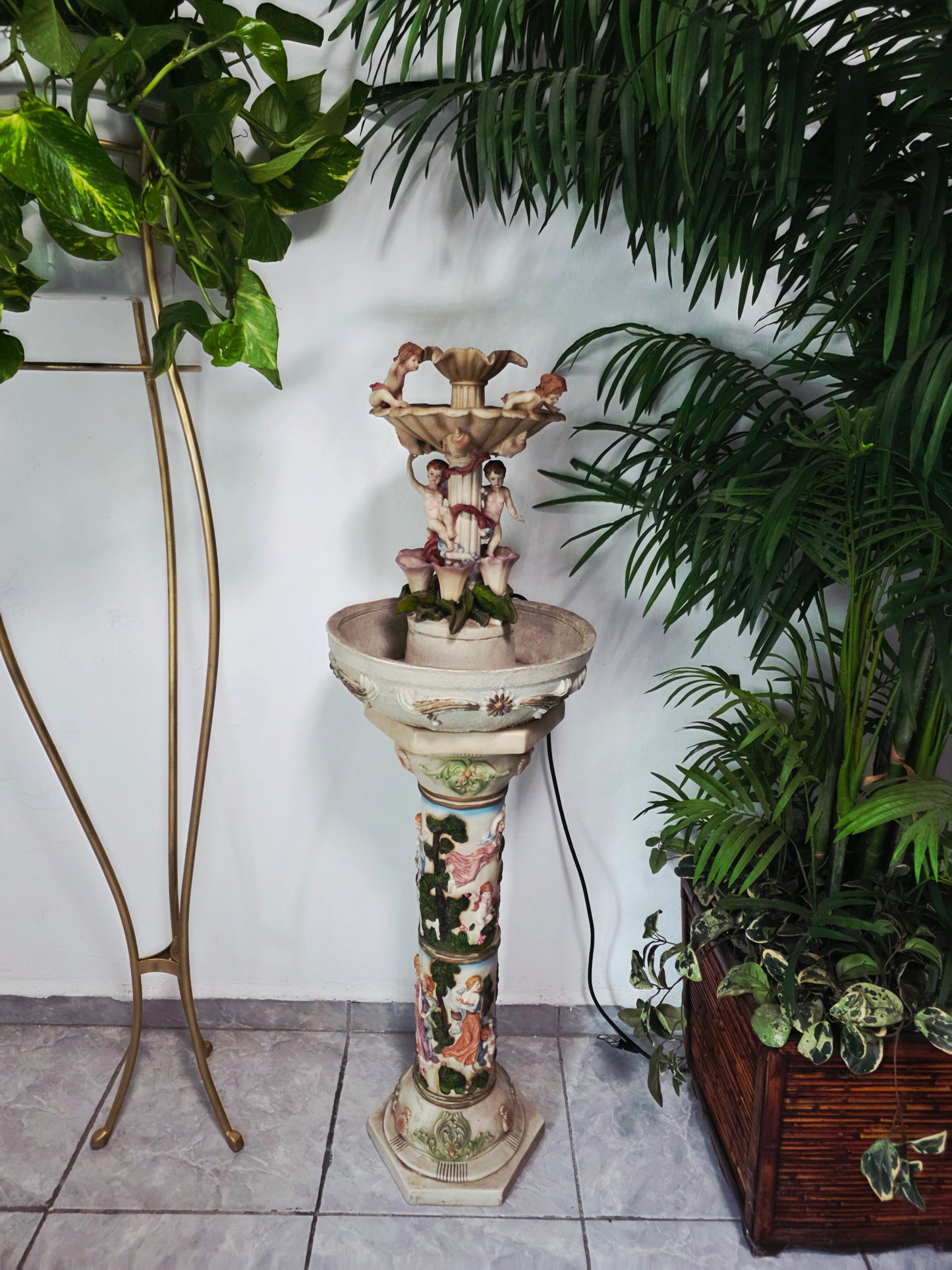 Cherub Fountain with Lilies in Polychrome Resin🕊️