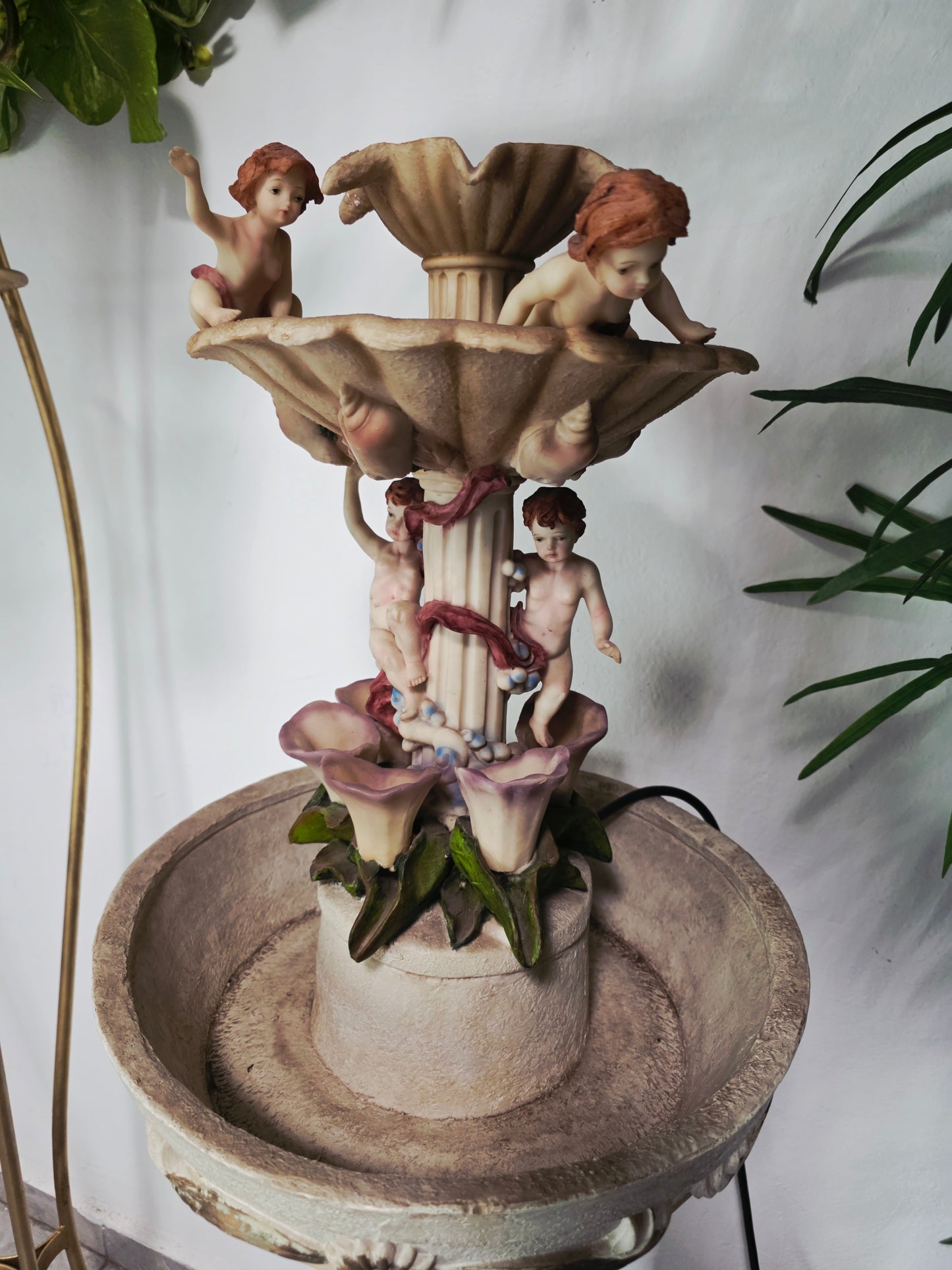 Cherub Fountain with Lilies in Polychrome Resin🕊️