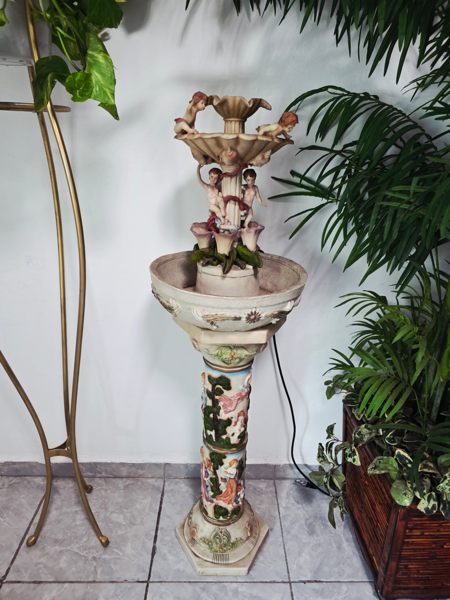 Cherub Fountain with Lilies in Polychrome Resin🕊️