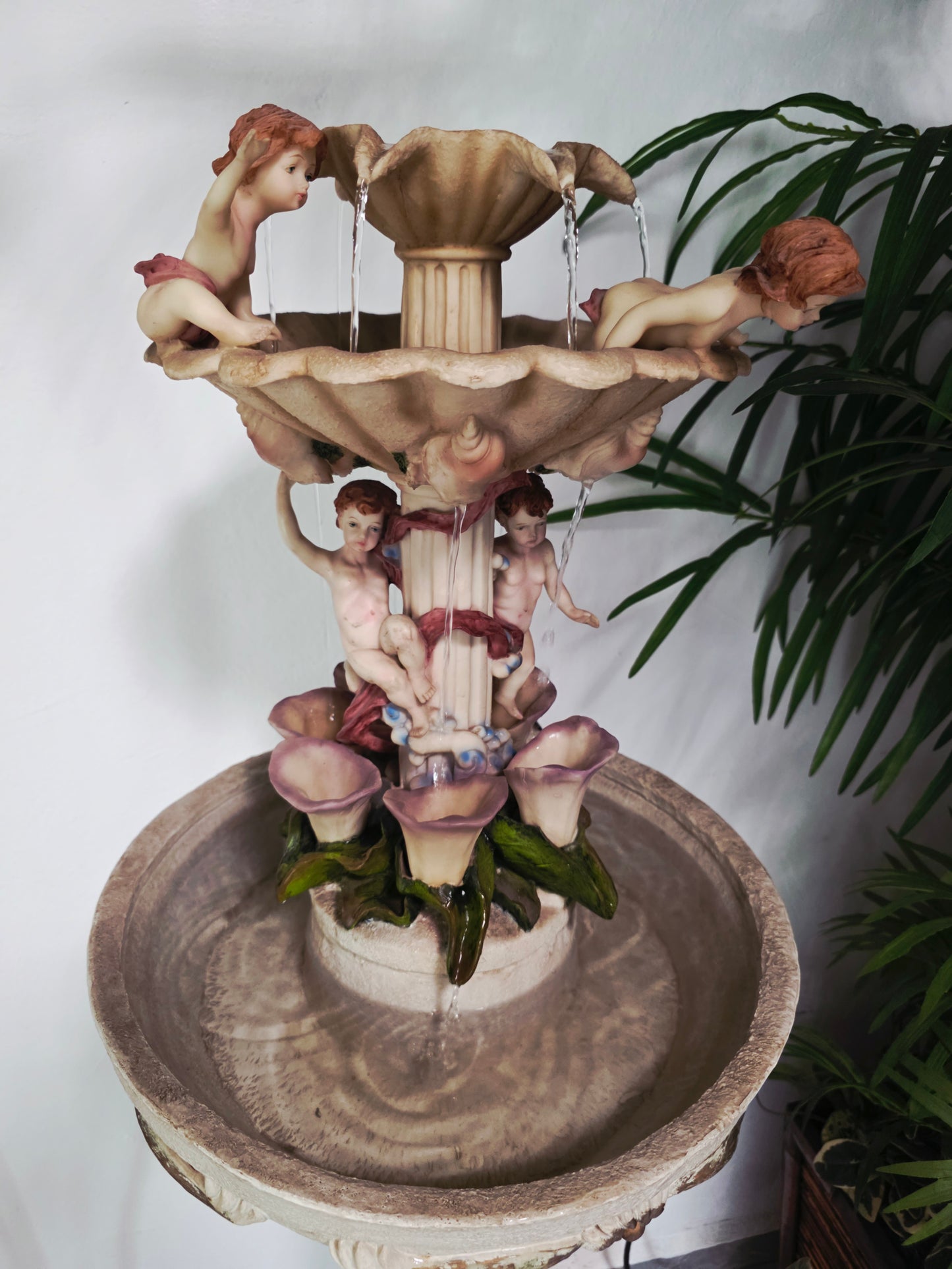 Cherub Fountain with Lilies in Polychrome Resin🕊️