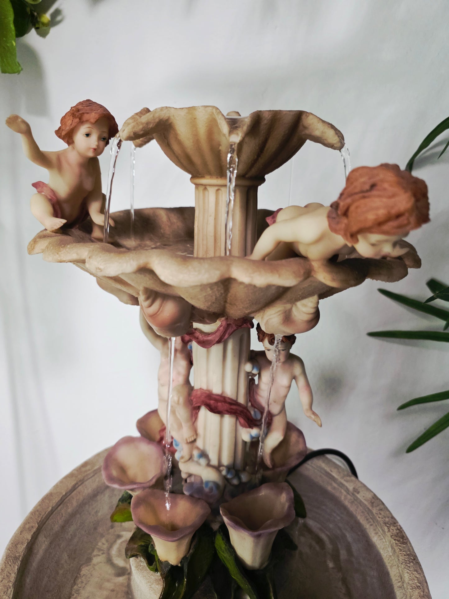 Cherub Fountain with Lilies in Polychrome Resin🕊️