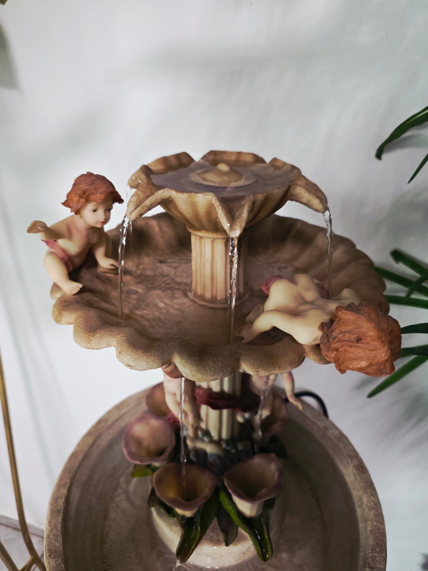 Cherub Fountain with Lilies in Polychrome Resin🕊️