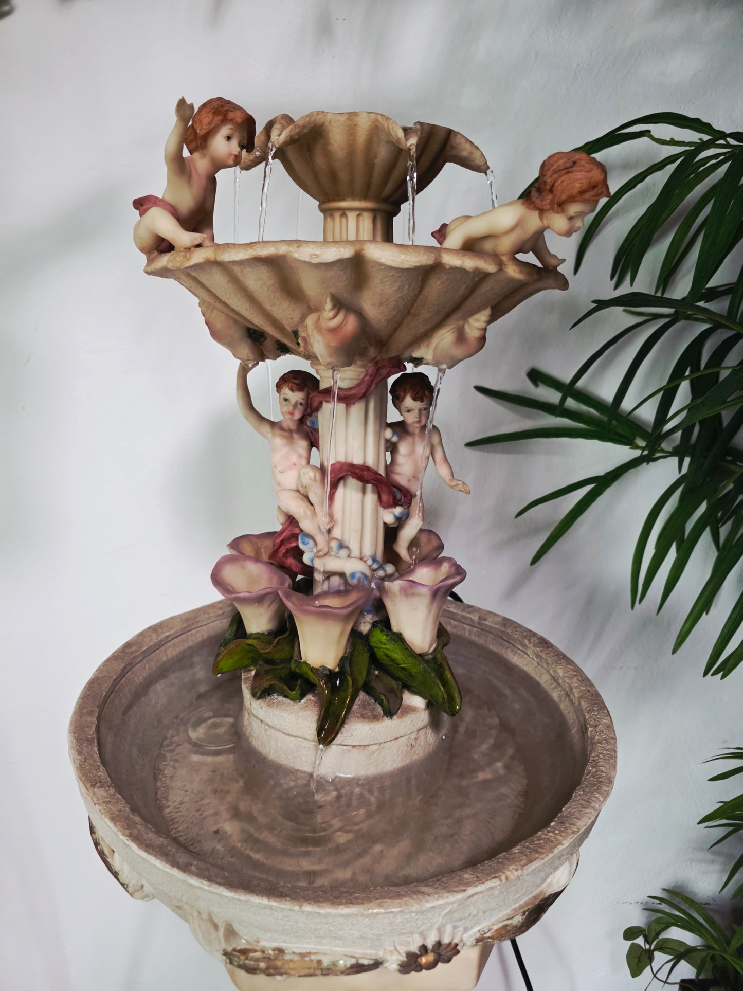 Cherub Fountain with Lilies in Polychrome Resin🕊️