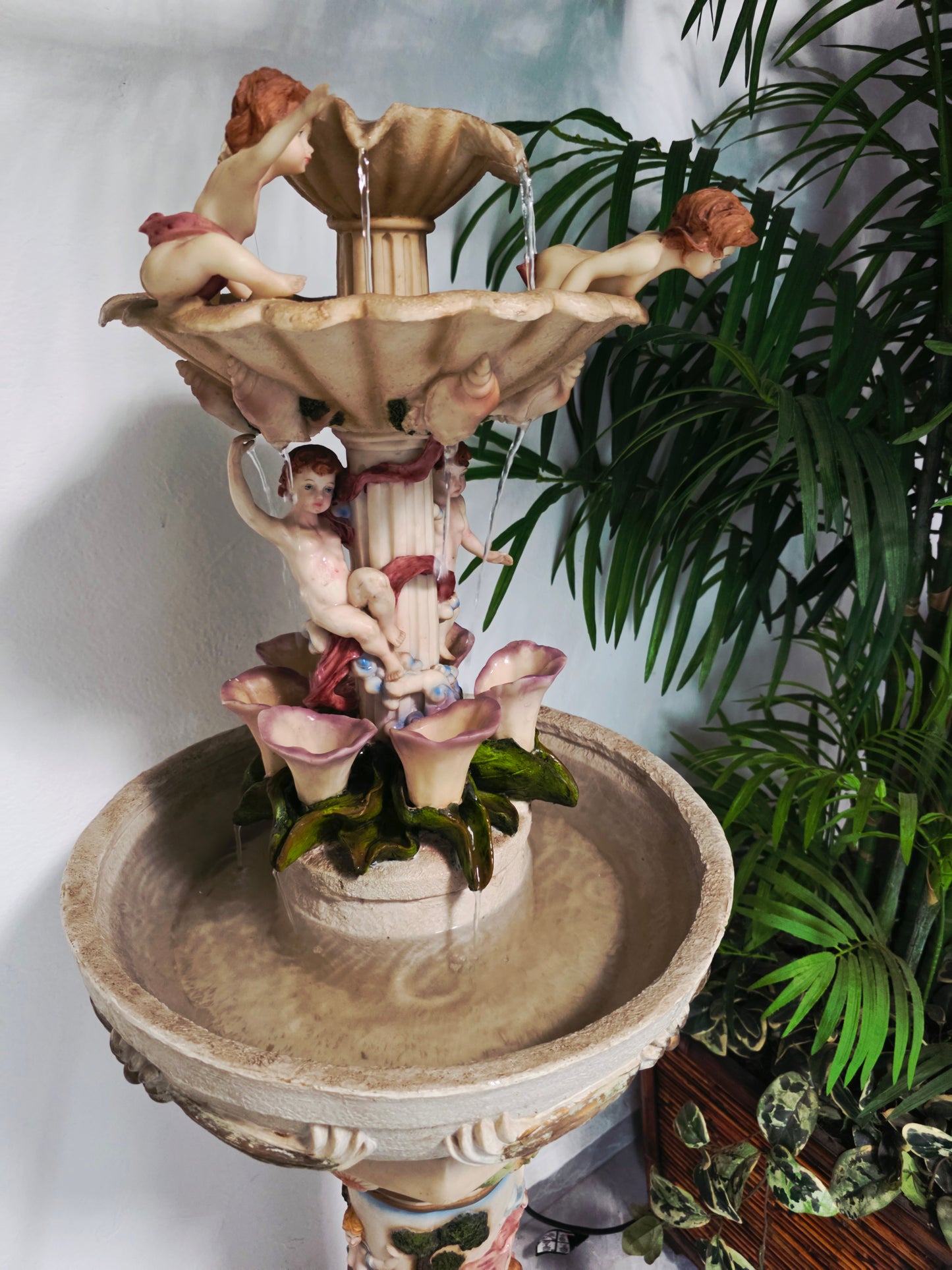 Cherub Fountain with Lilies in Polychrome Resin🕊️